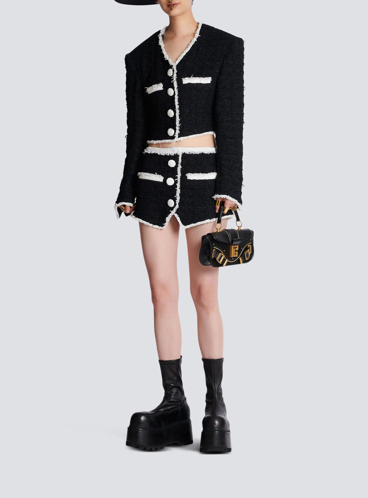 Veste courte en tweed à détails contrastés - Noir & Blanc