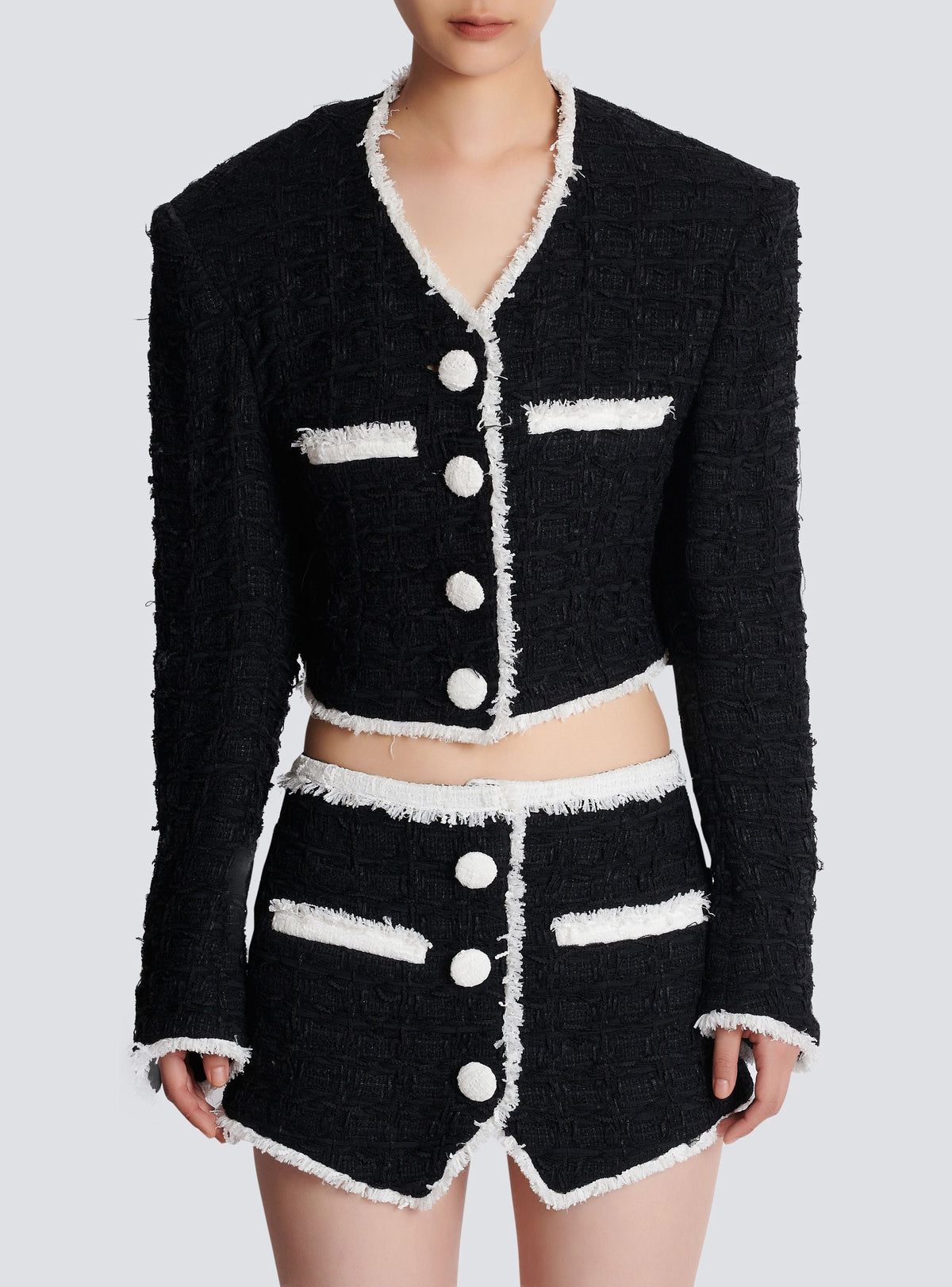 Veste courte en tweed à détails contrastés - Noir & Blanc