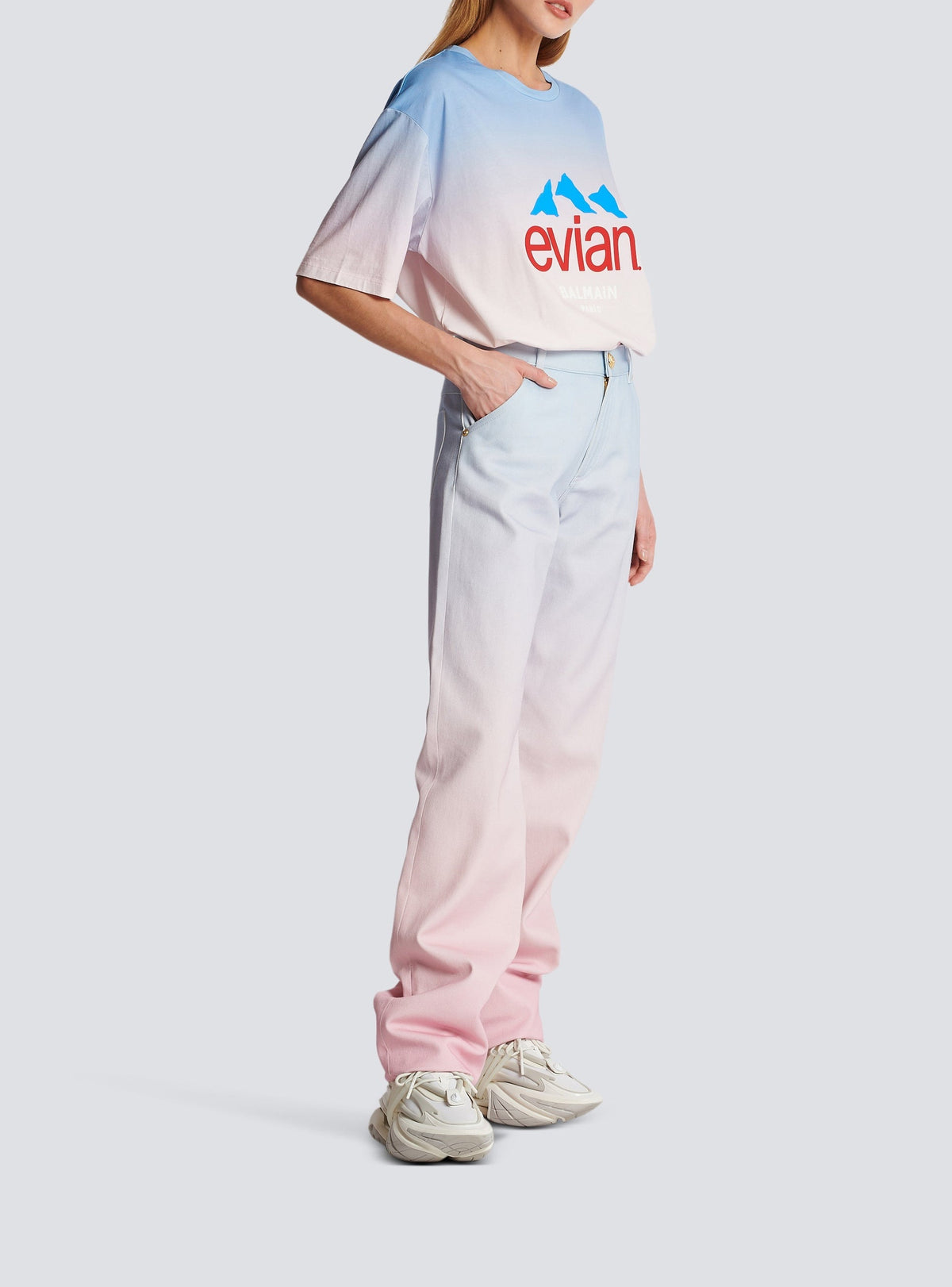 Balmain x Evian wide-leg denim trousers - Blue & Pale Pink & Pink