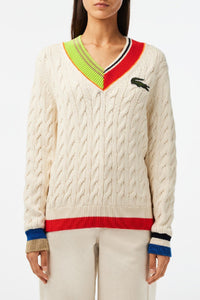 Knitted V-neck cable jumper - Laponie & Multicolor