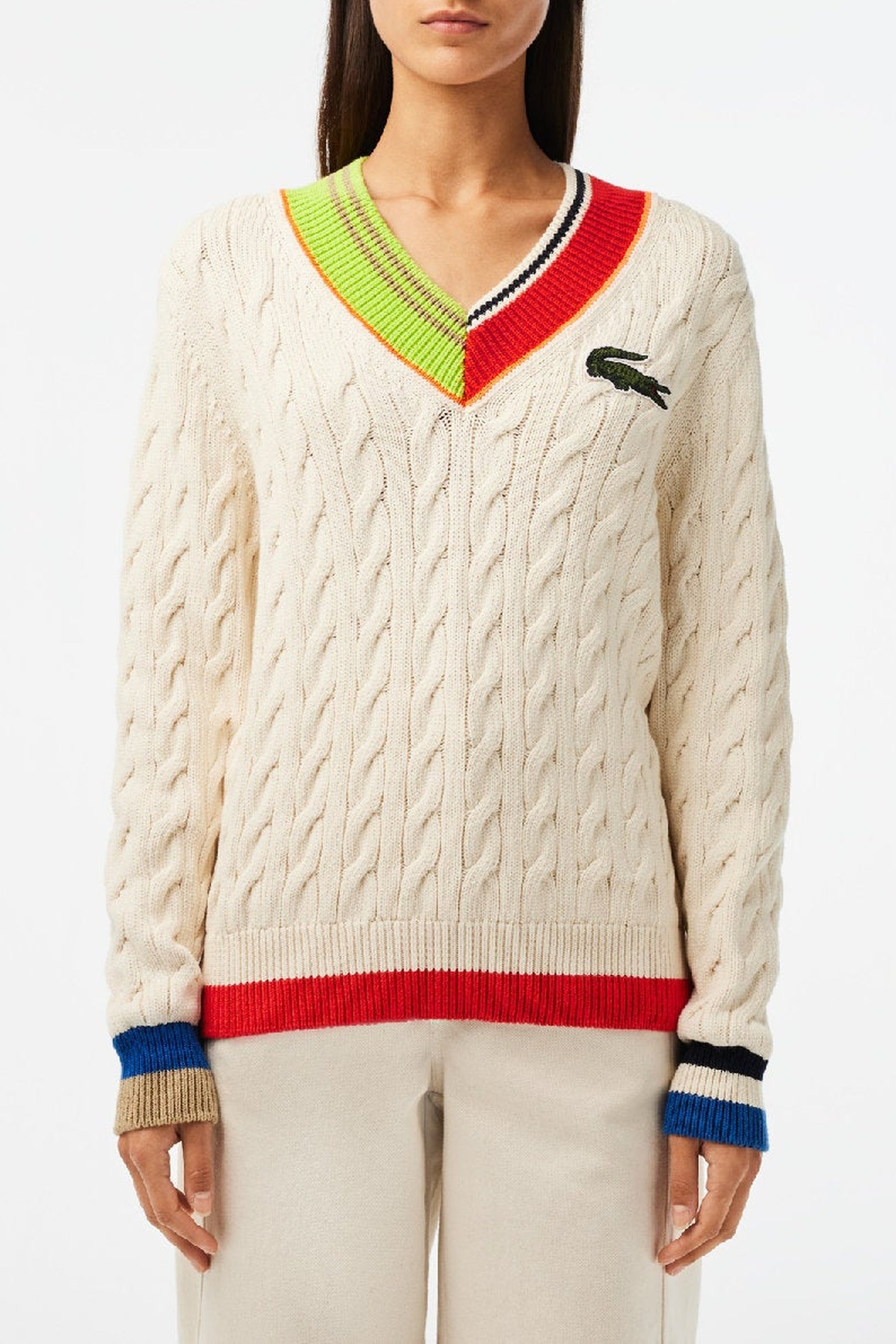 Pull torsadé à col V en maille - Laponie & Multicolor