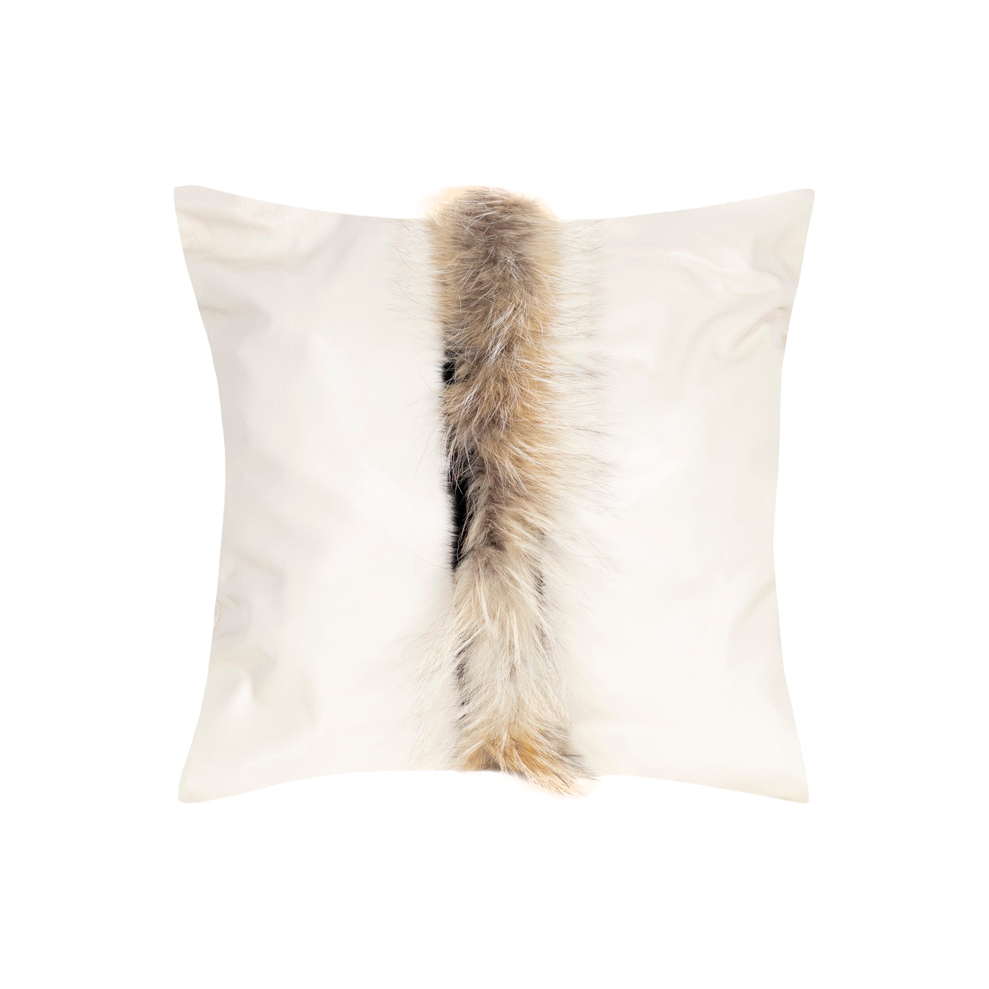 Coussin décoratif en cuir à bande de fourrure - Beige
