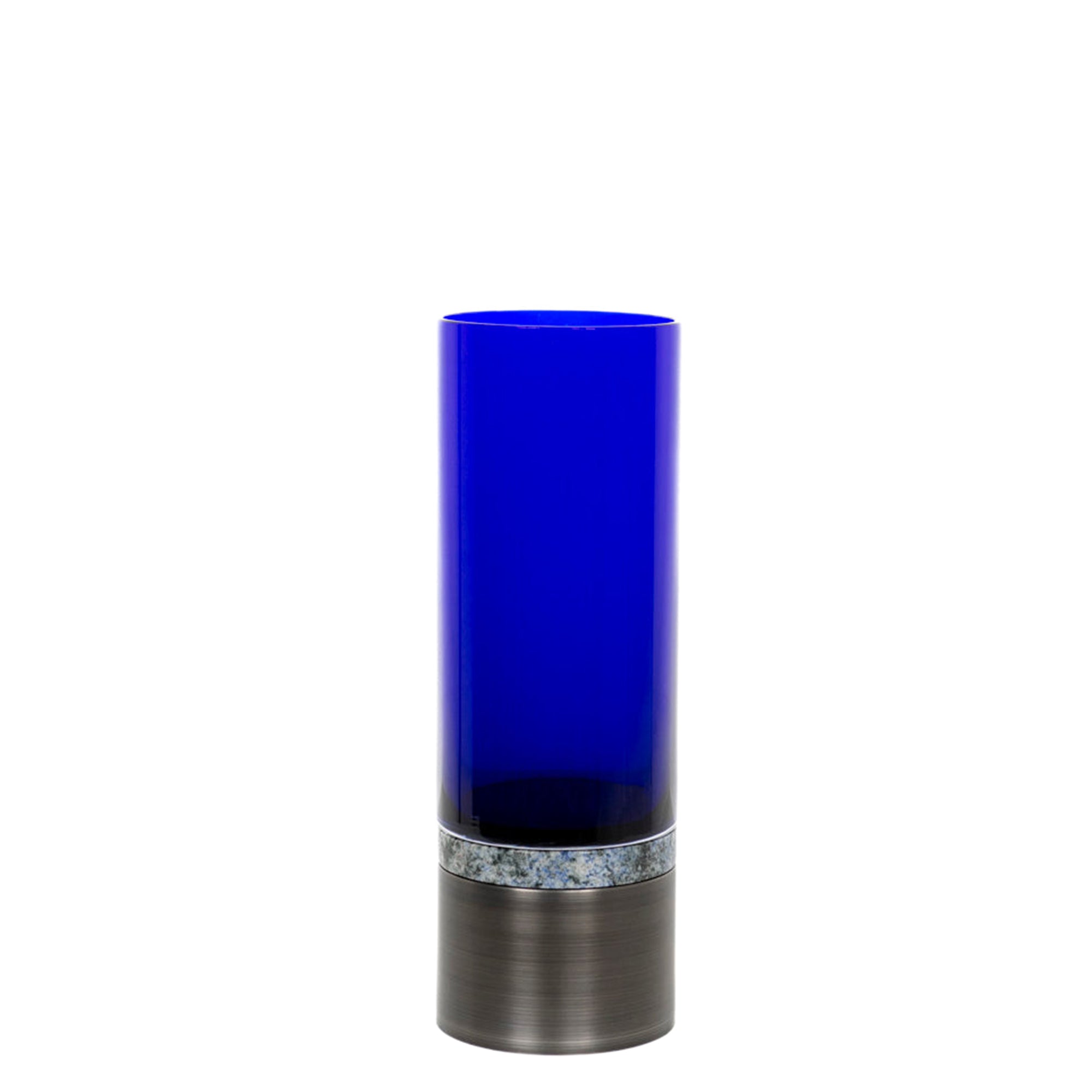 Vase cylindrique en cristal - Bleu & Métal