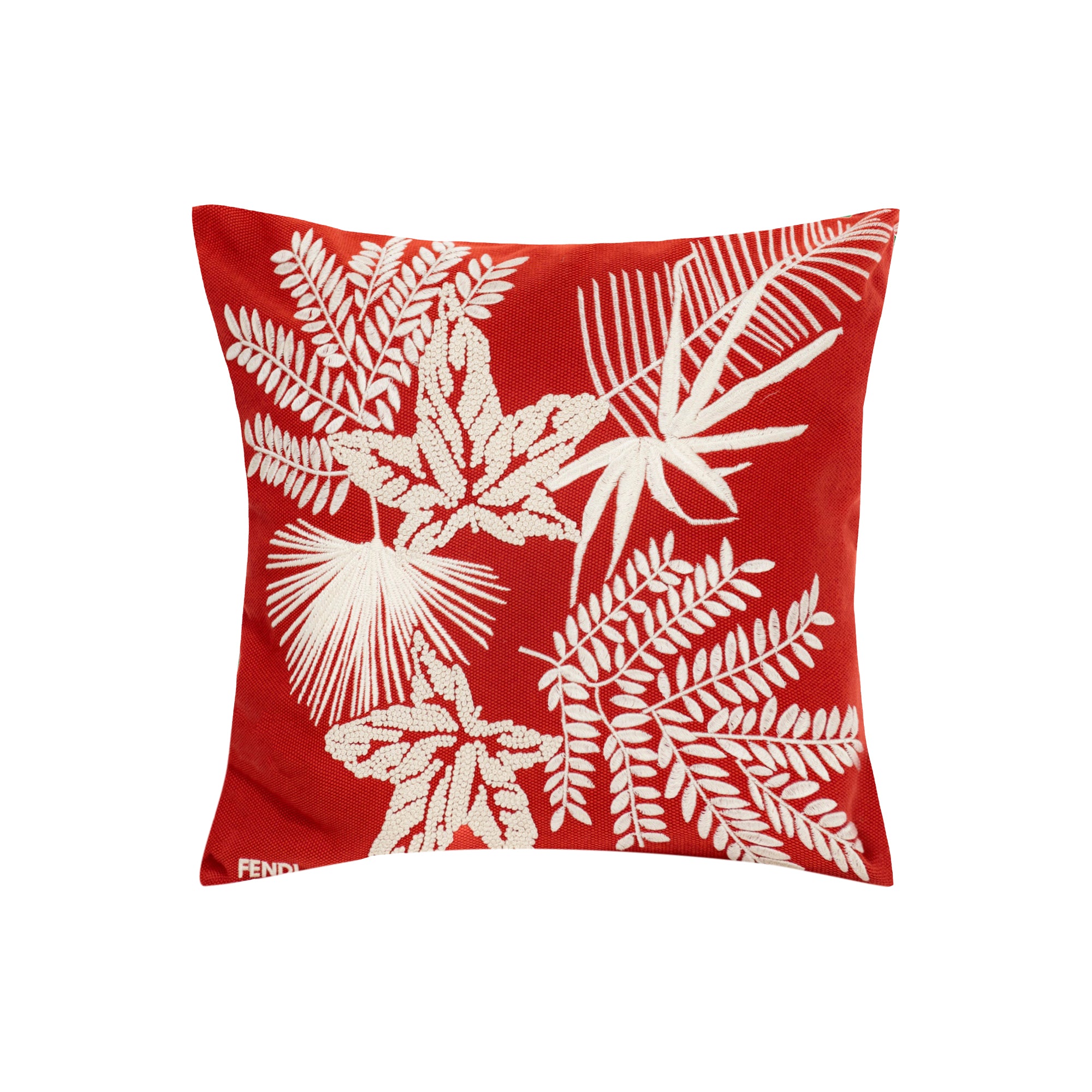 Coussin carré à motif feuilles brodées - Rouge