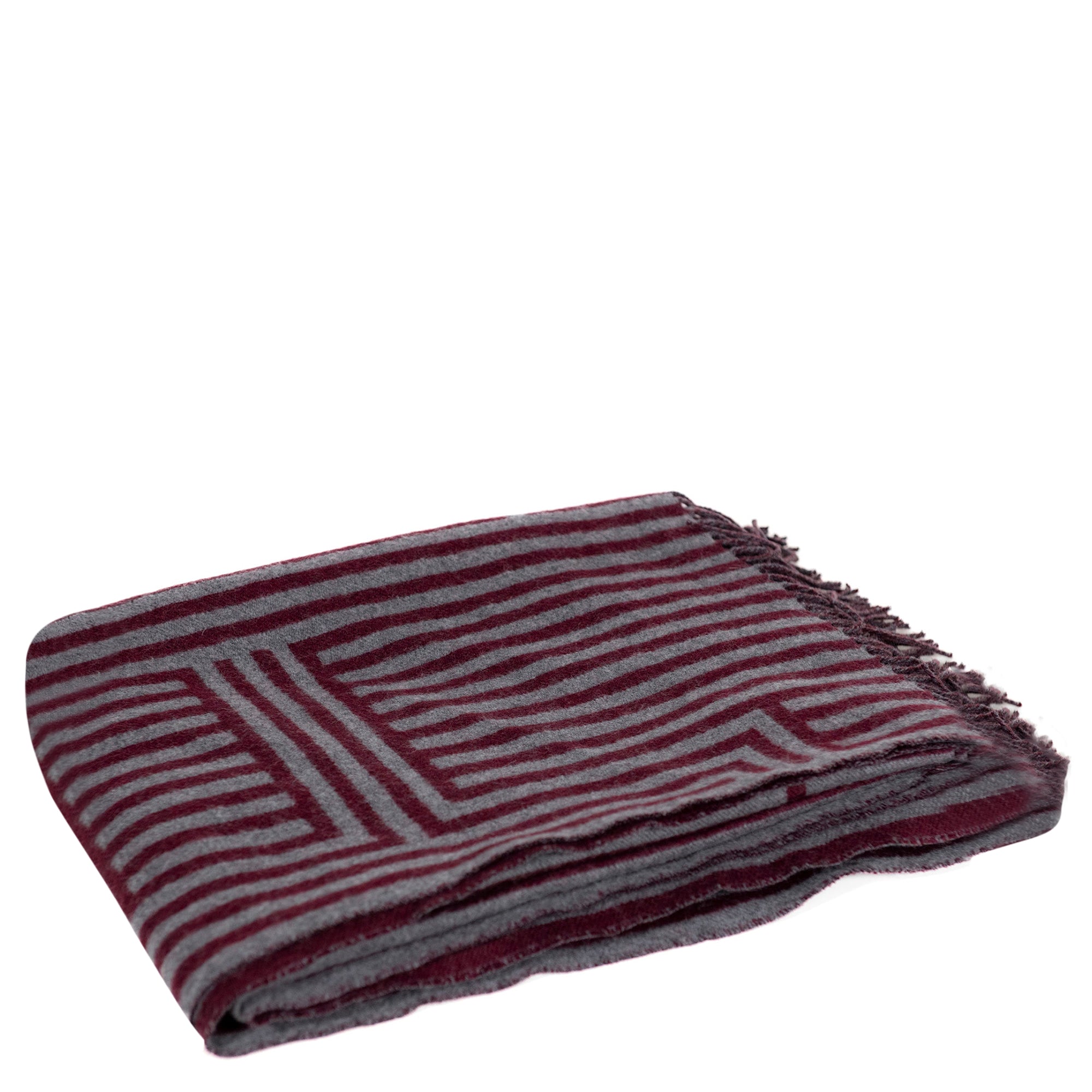 Plaid rayures laine et cachemire franges - Rouge & Gris