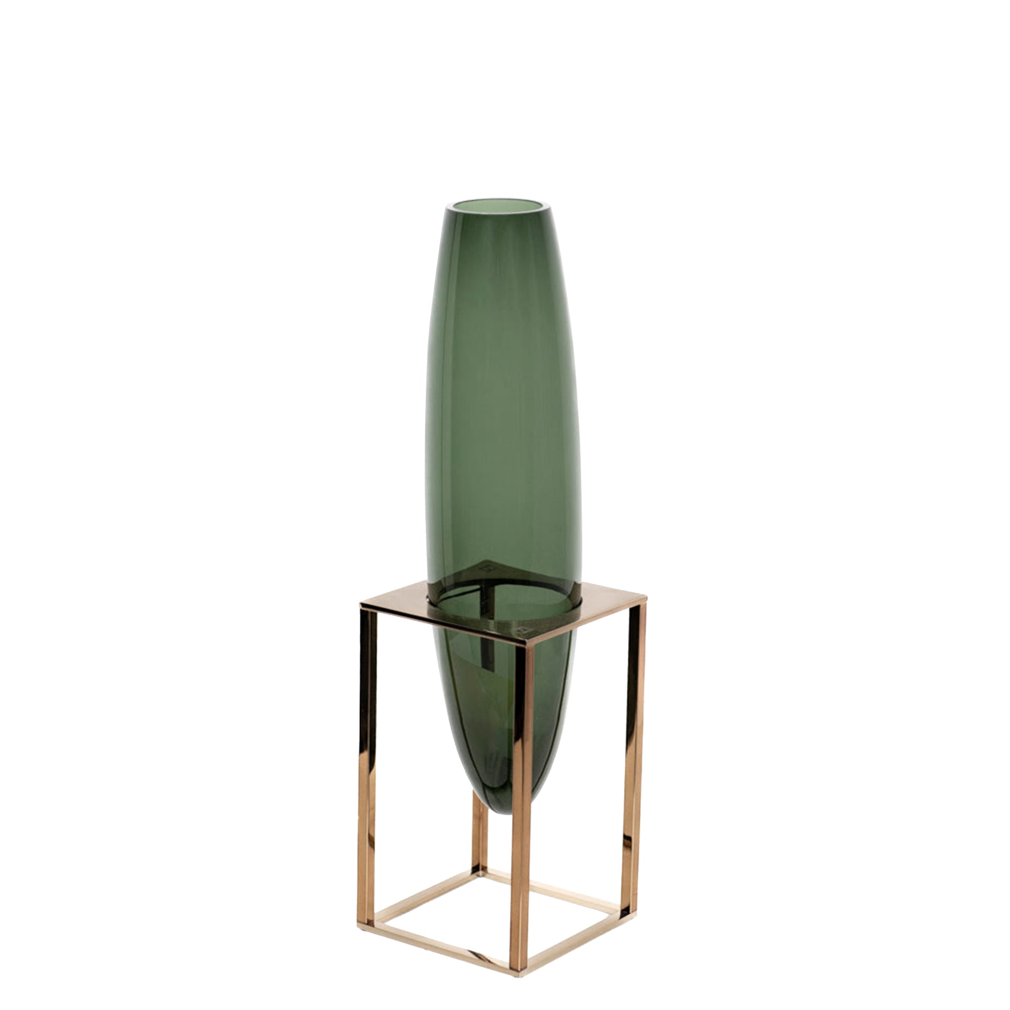 Vase haut en cristal avec socle en métal - Vert & Bronze