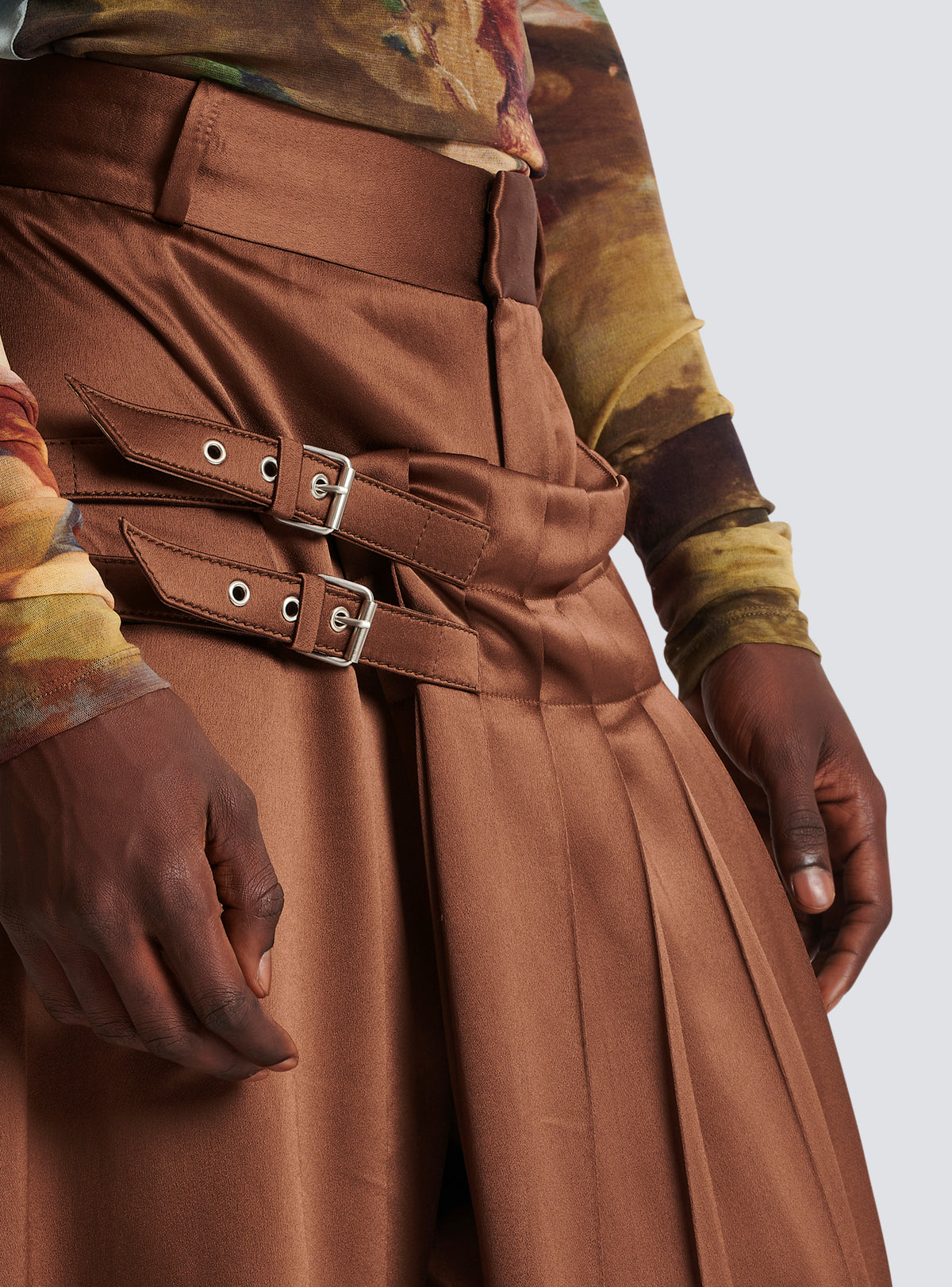Short kilt en satin plissé - Marron