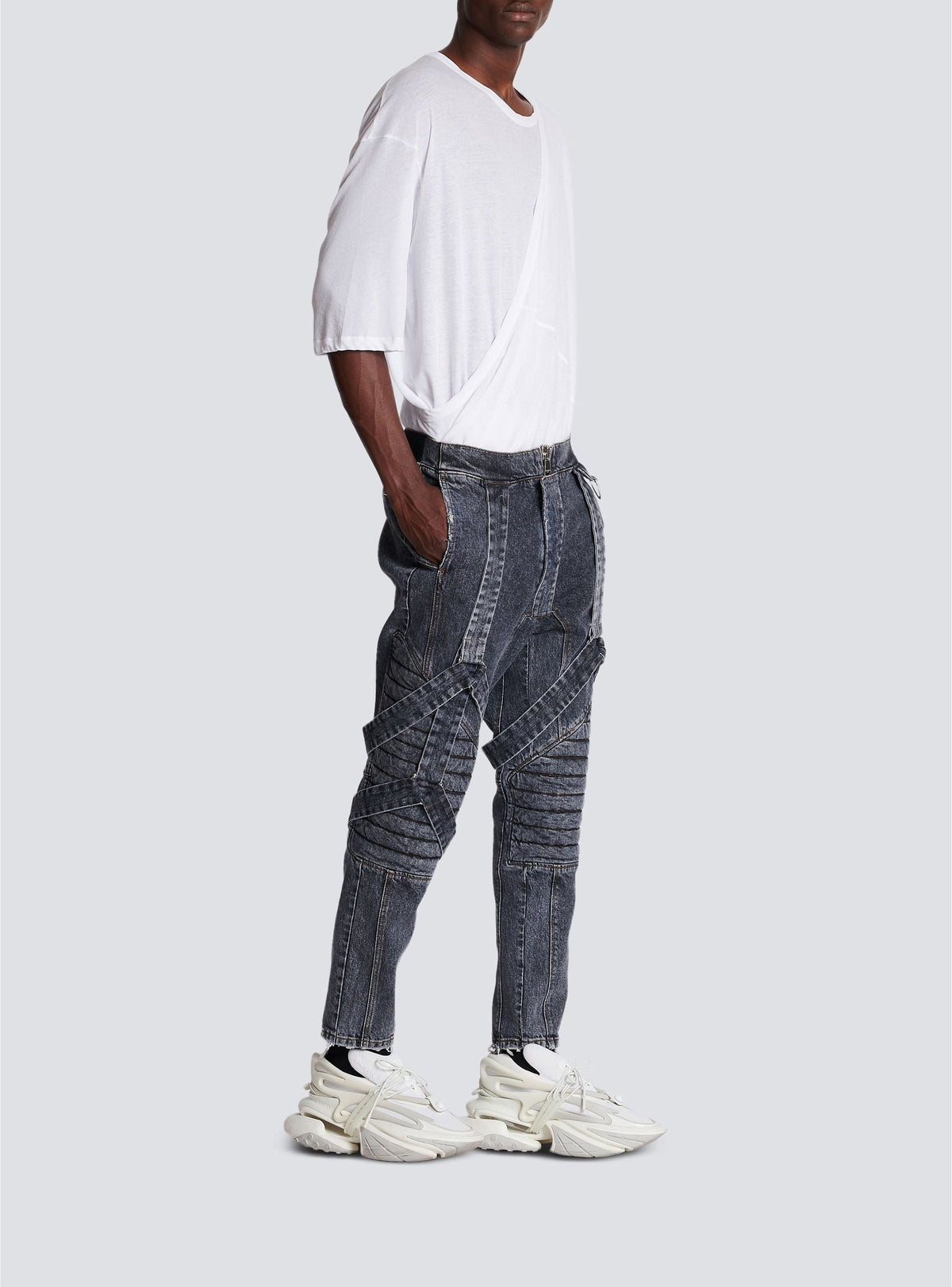 Jean à straps coupe slim - Noir Délavé