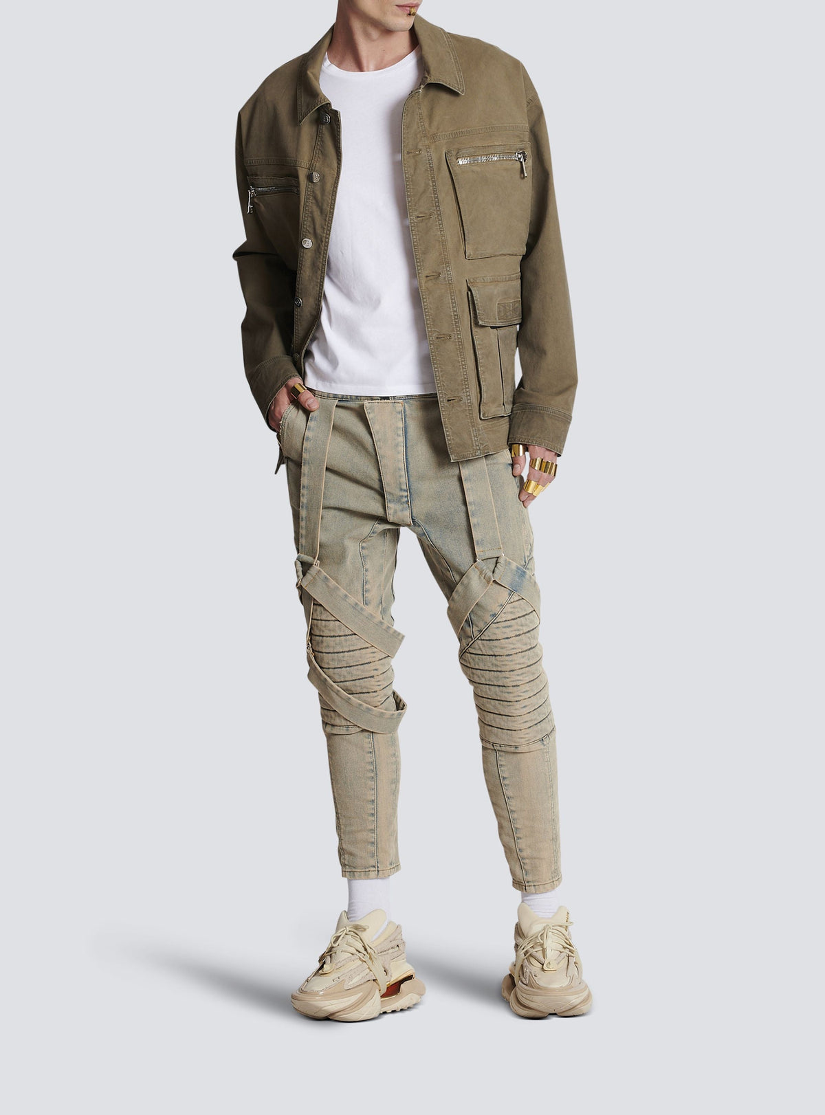 Pantalon en denim à bretelles multiples - Bleu Jean Sablé
