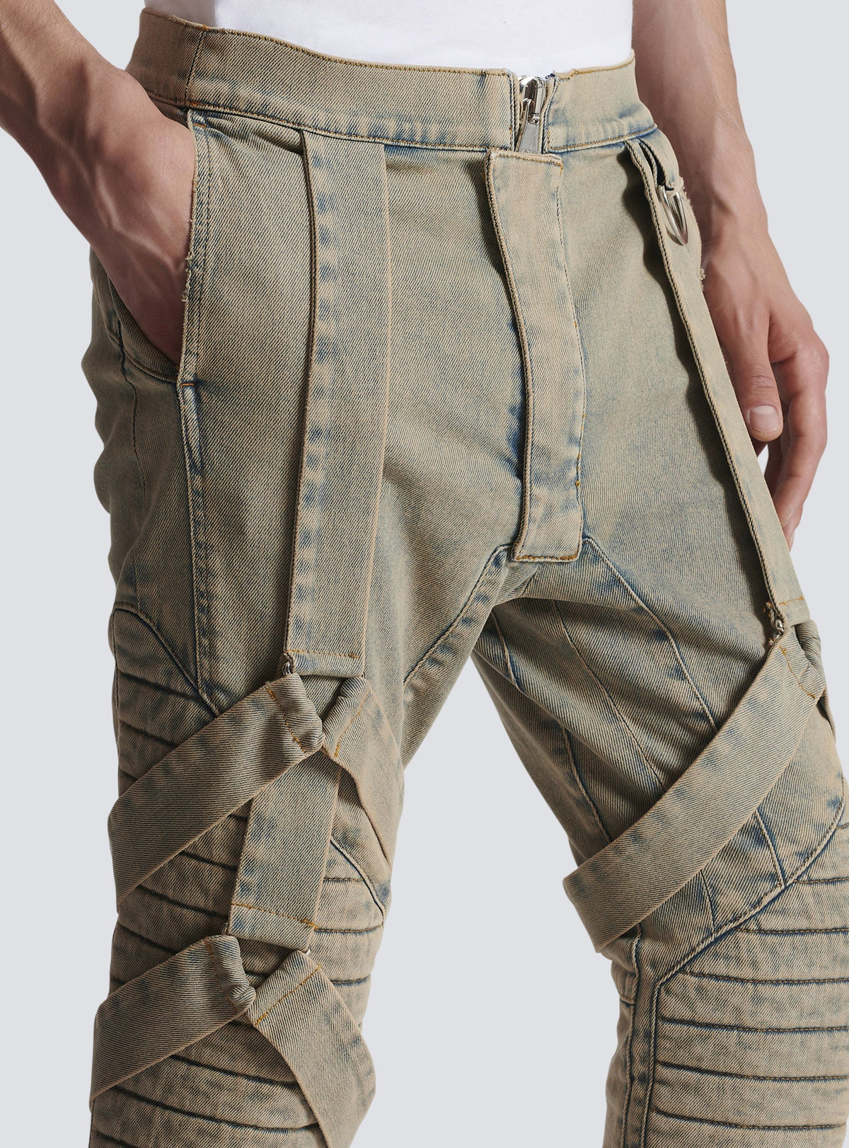 Pantalon en denim à bretelles multiples - Bleu Jean Sablé