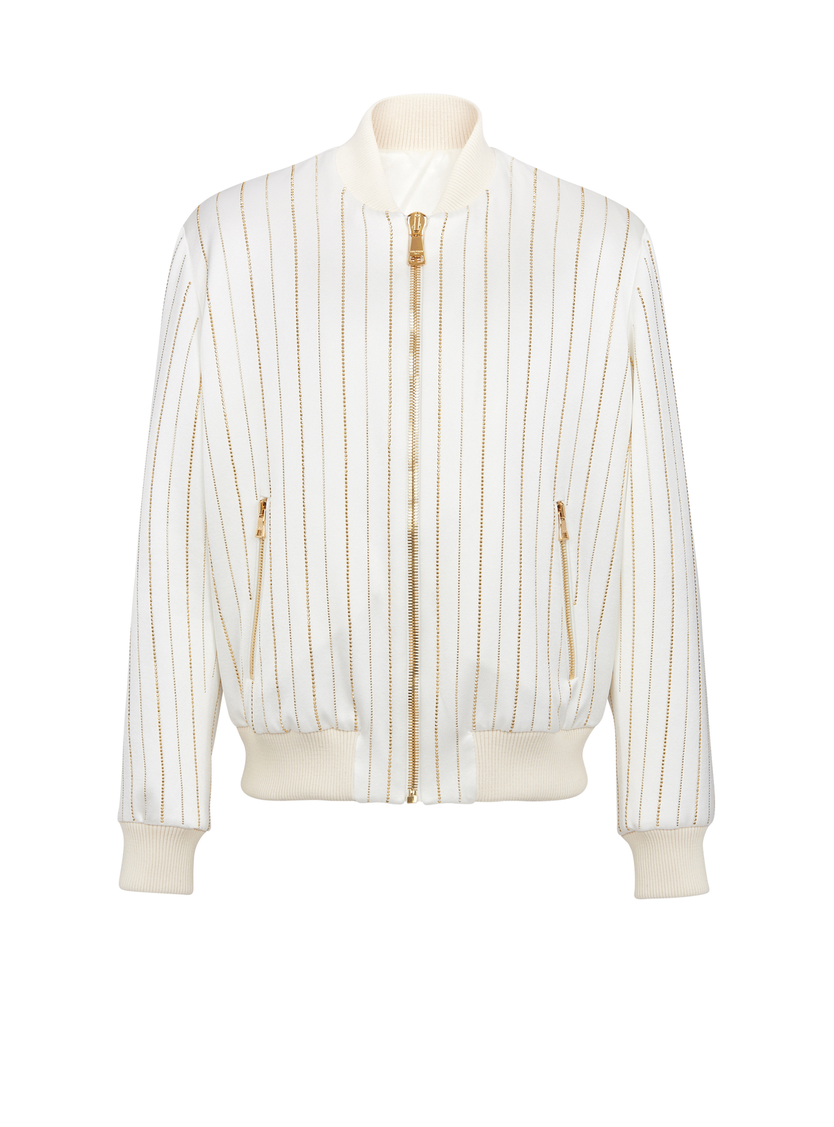 Bomber en satin brodé à rayures dorées - Blanc & Or