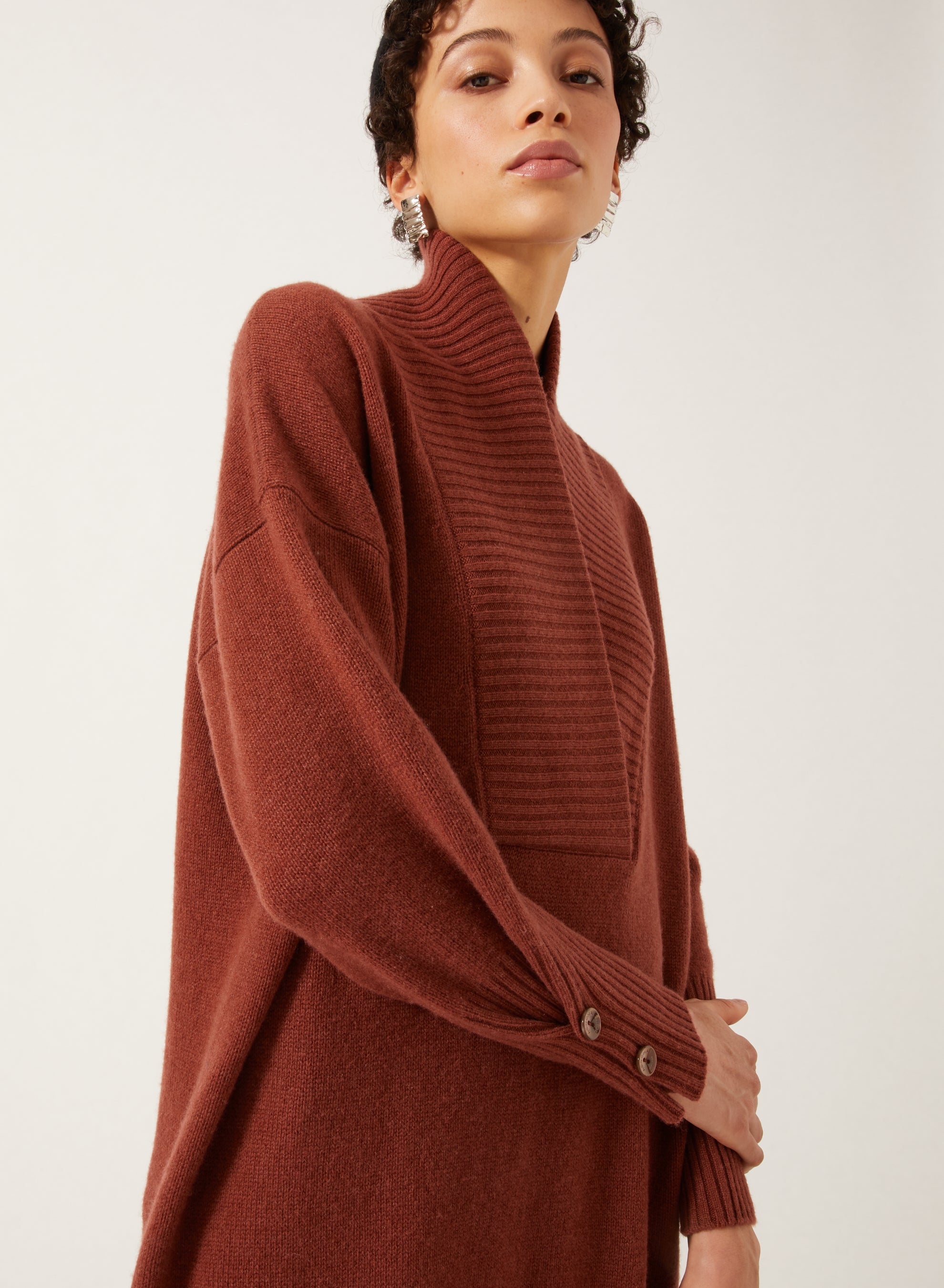 Rust_1QTY // Pull col châle à boutons maille tricotée en laine - Rust