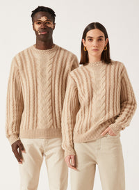 Ivory & Camel_1QTY // Pull à maille torsadée et finitions côtelées en laine - Ivory & Camel