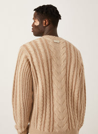 Ivory & Camel_1QTY // Pull à maille torsadée et finitions côtelées en laine - Ivory & Camel