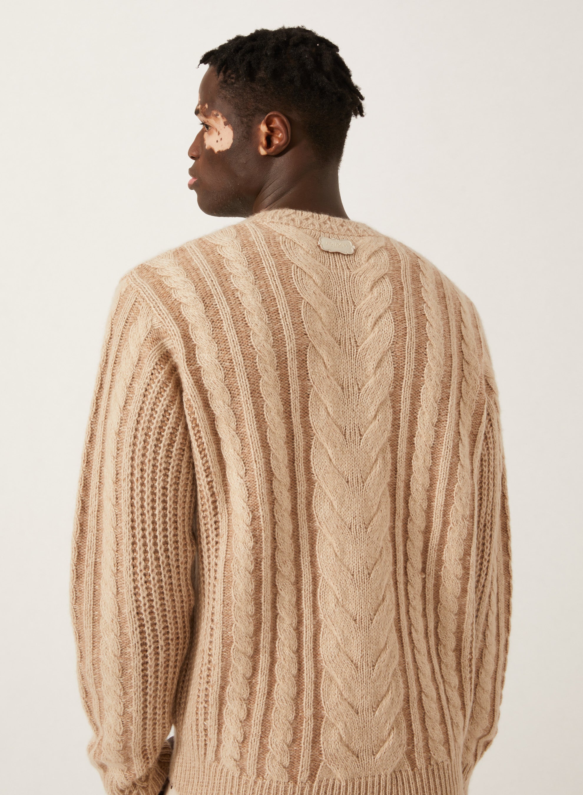 Ivory & Camel_1QTY // Pull à maille torsadée et finitions côtelées en laine - Ivory & Camel