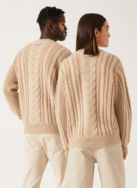 Ivory & Camel_1QTY // Pull à maille torsadée et finitions côtelées en laine - Ivory & Camel