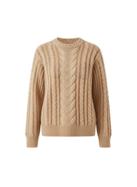 Wool cable knit jumper with ribbed trim - Ivory & Camel