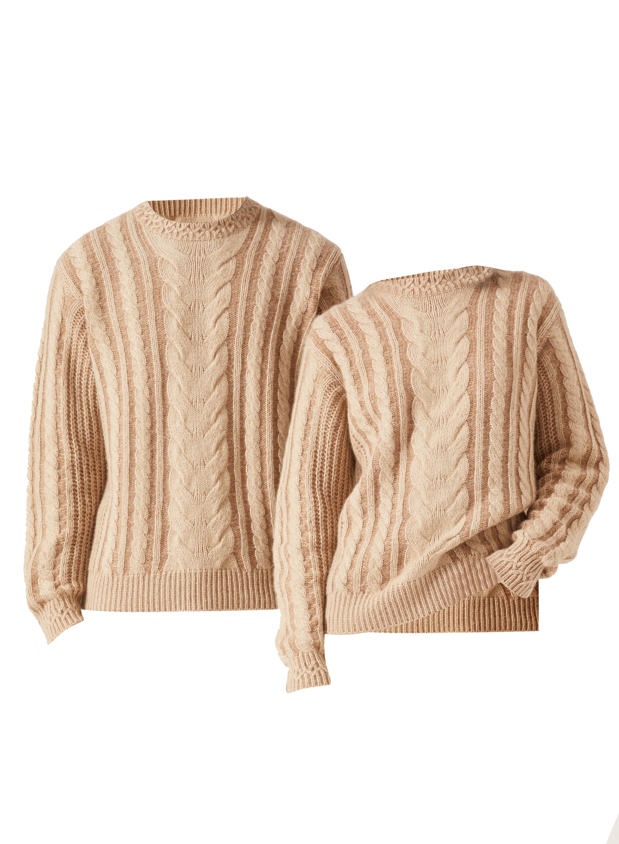 Ivory & Camel_1QTY // Pull à maille torsadée et finitions côtelées en laine - Ivory & Camel