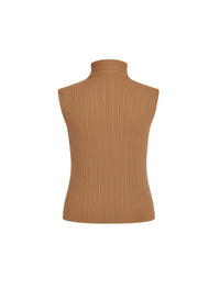 Sleeveless ribbed lavaliere-neck top in wool - Camel
