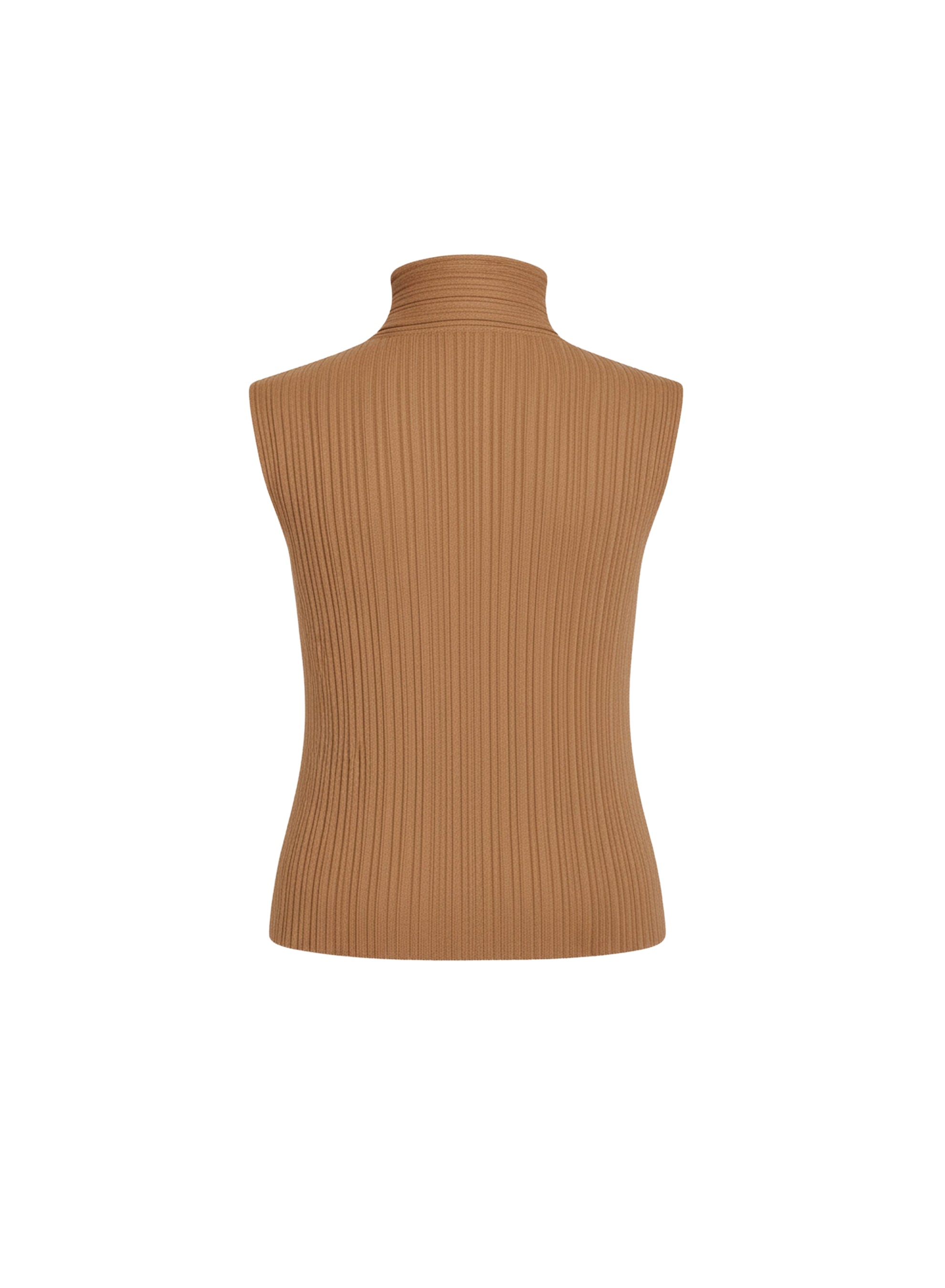 Sleeveless ribbed lavaliere-neck top in wool - Camel