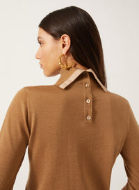 Camel_1QTY // Pull col polo à bande contrastante en laine - Camel