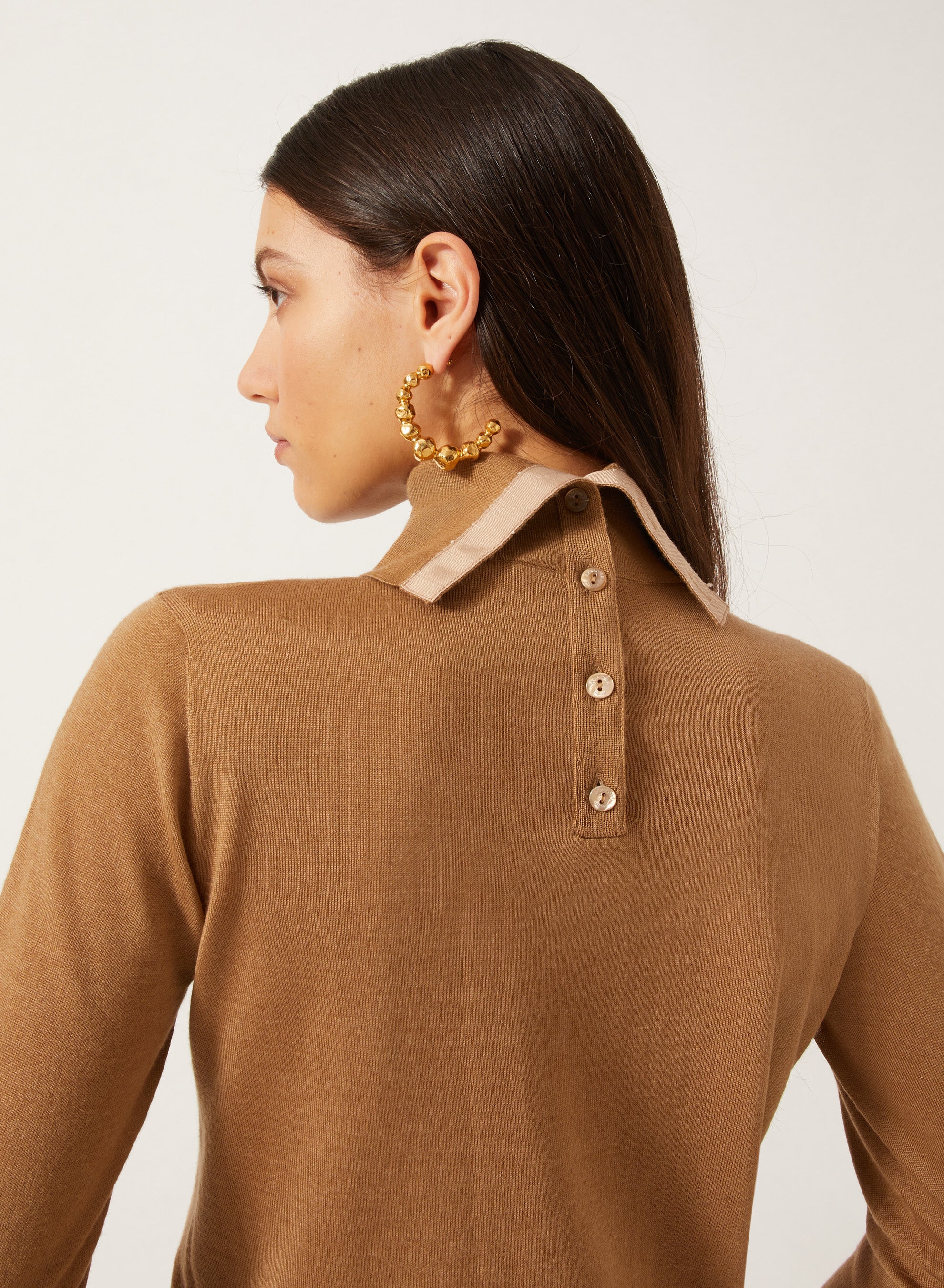 Camel_1QTY // Pull col polo à bande contrastante en laine - Camel