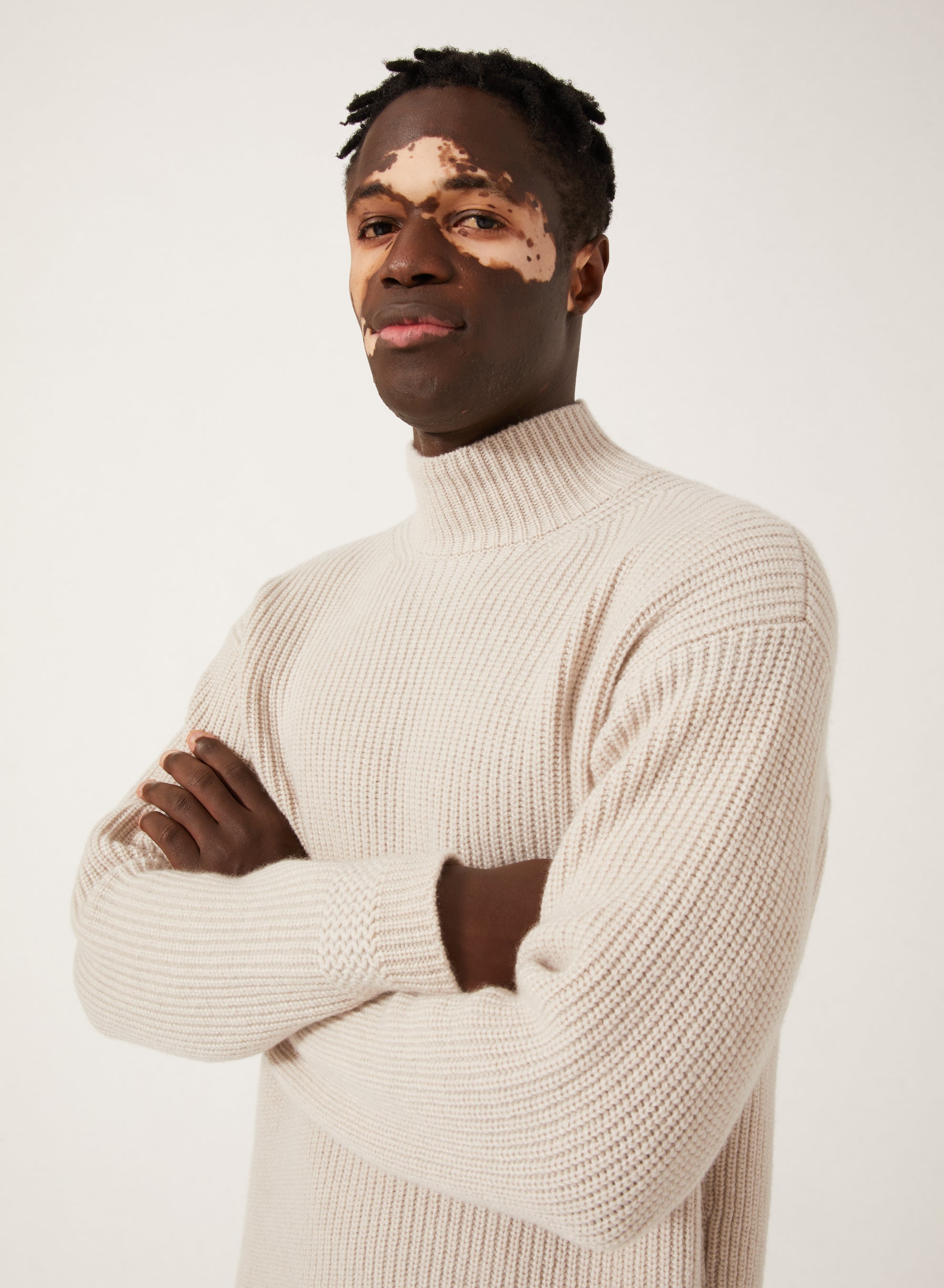 Stone_1QTY // Pull col roulé à maille côtelée épaisse en laine - Stone