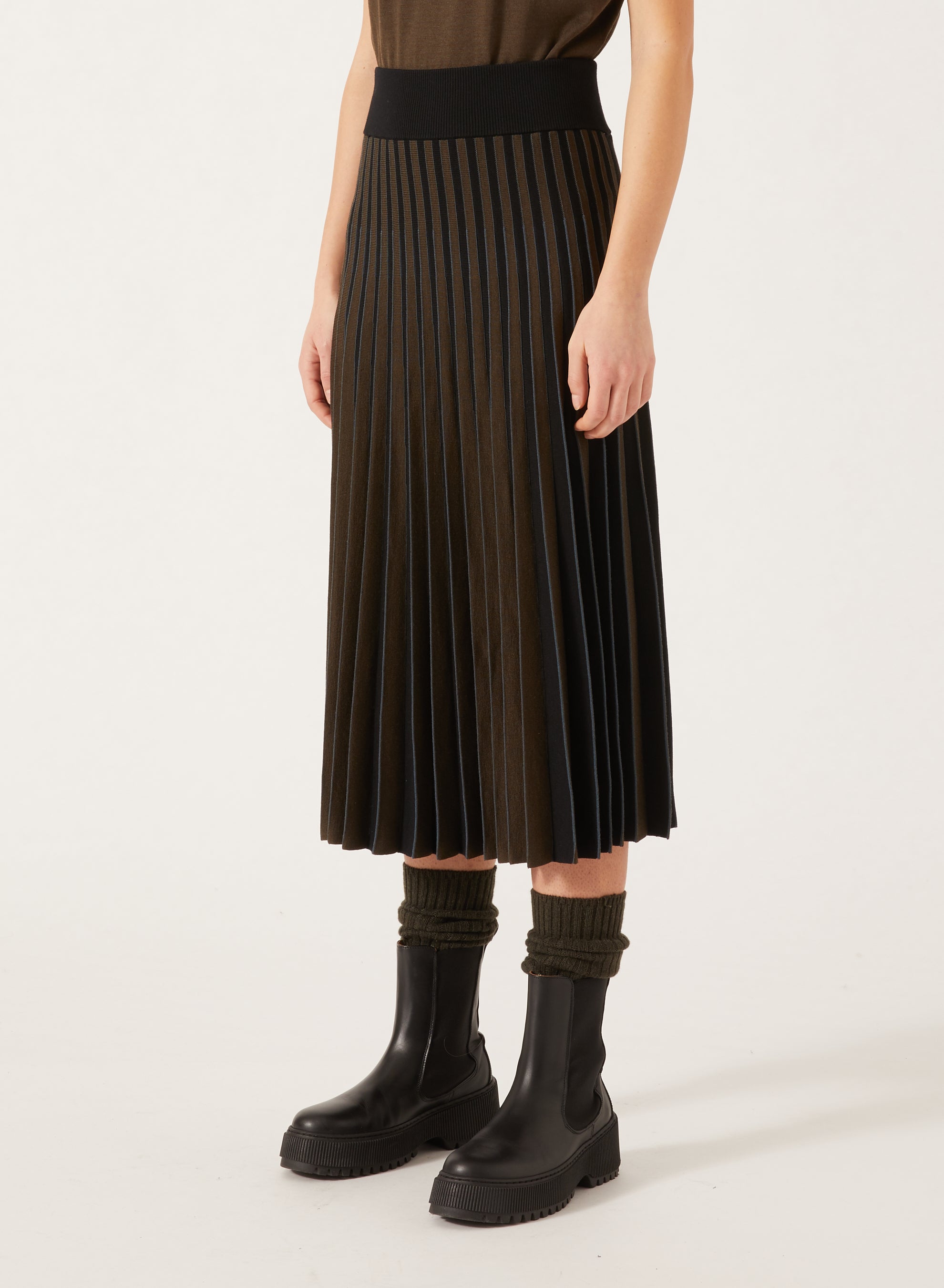 Black,Military Green & Peacock_1QTY // Jupe plissée à motif rayé en laine - Black,Military Green & Peacock