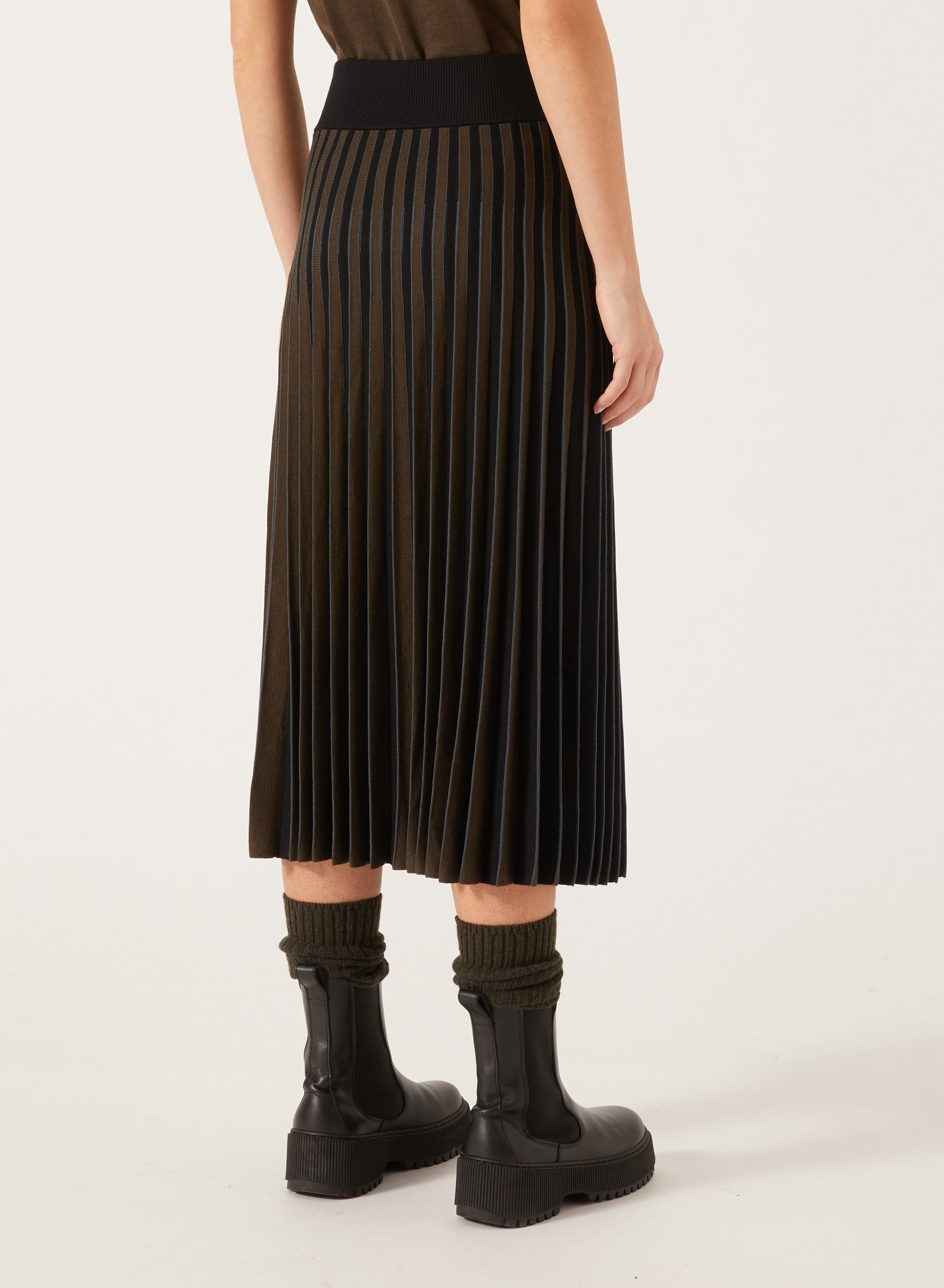 Black,Military Green & Peacock_1QTY // Jupe plissée à motif rayé en laine - Black,Military Green & Peacock