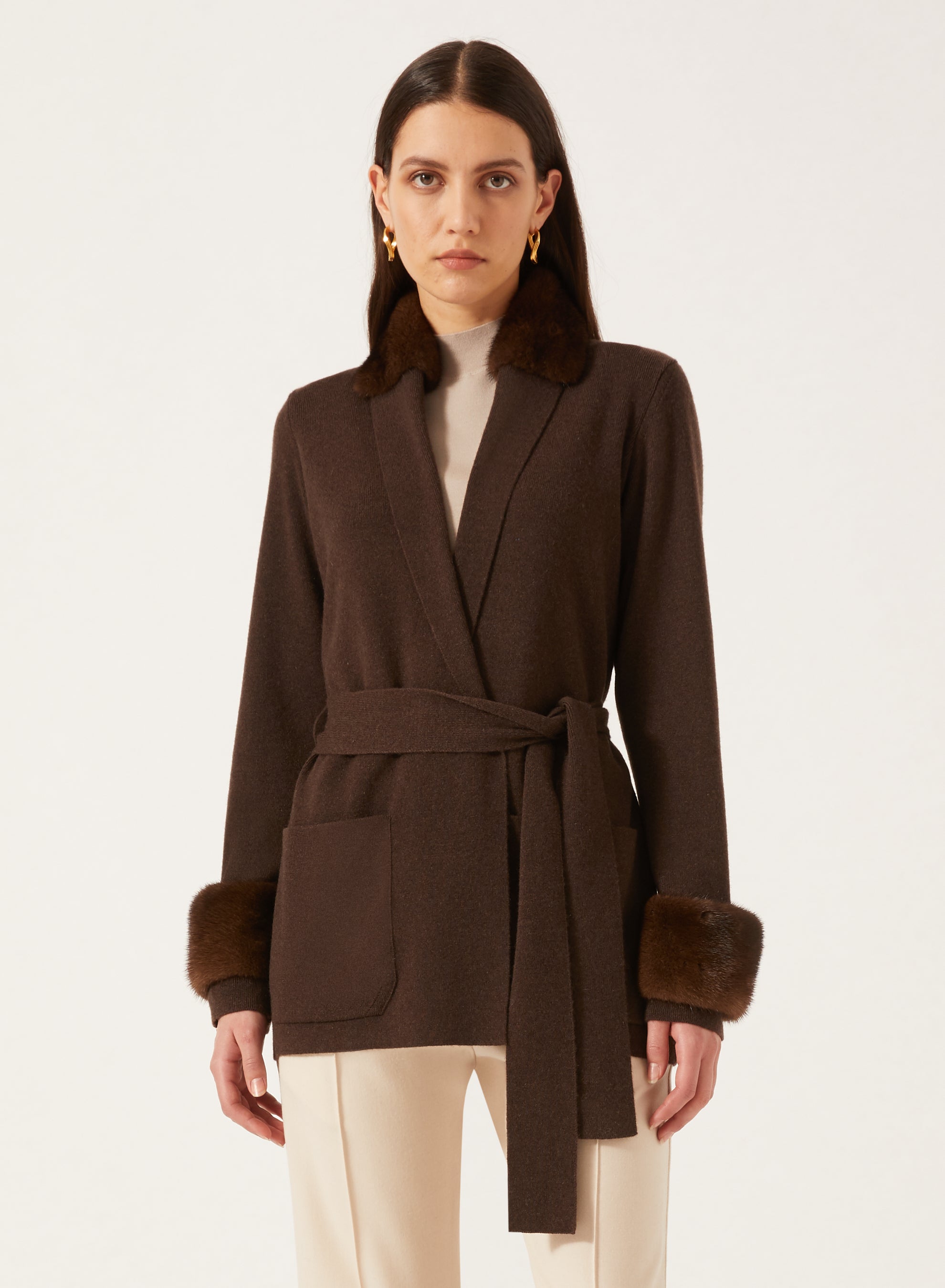 Brown_1QTY // Veste courte ceinturée en laine - Brown