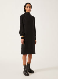 Black_1QTY // Robe droite col montant et bande contrastante en laine - Black