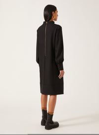 Black_1QTY // Robe droite col montant et bande contrastante en laine - Black