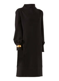 Black_1QTY // Robe droite col montant et bande contrastante en laine - Black