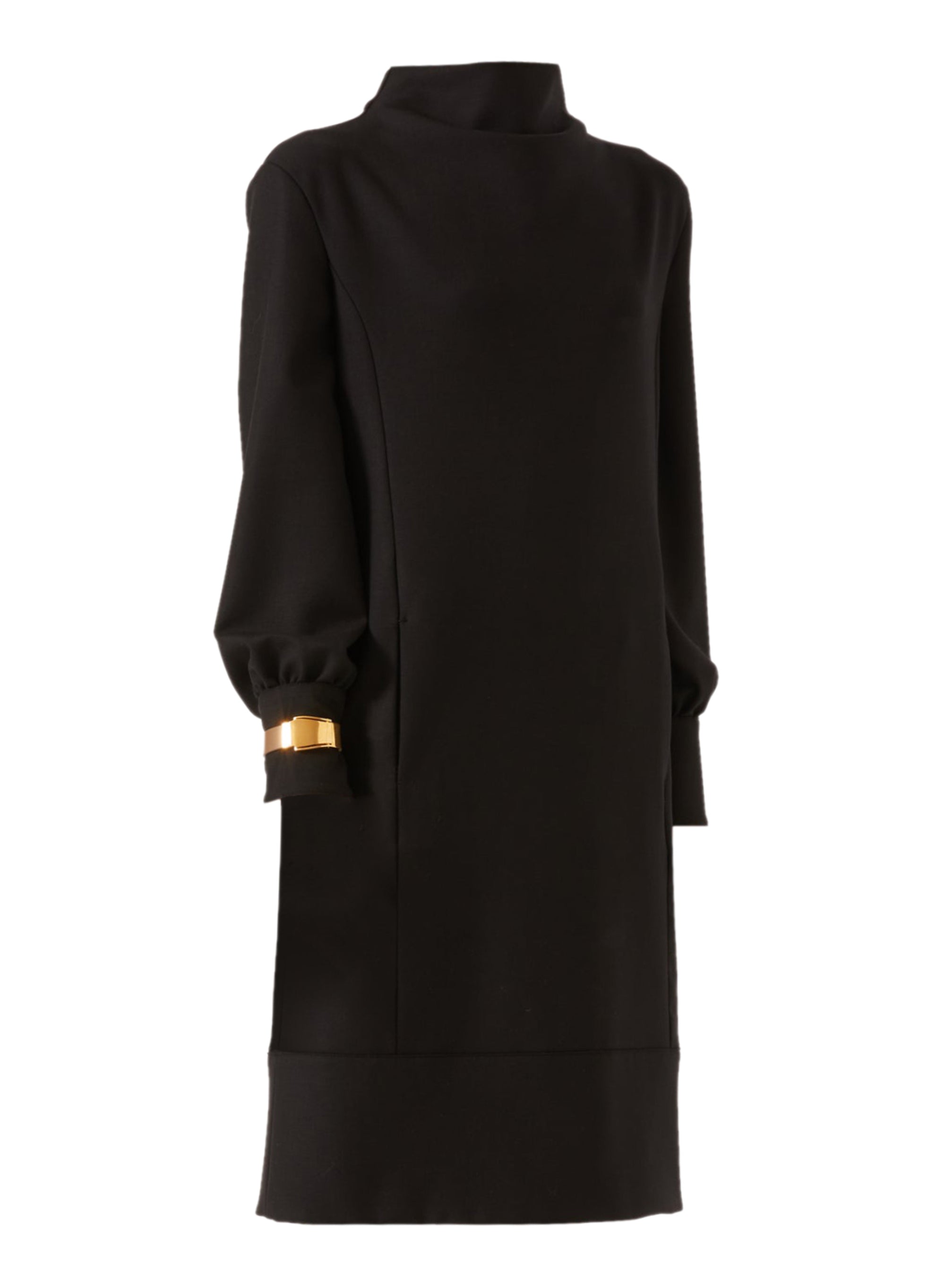 Black_1QTY // Robe droite col montant et bande contrastante en laine - Black