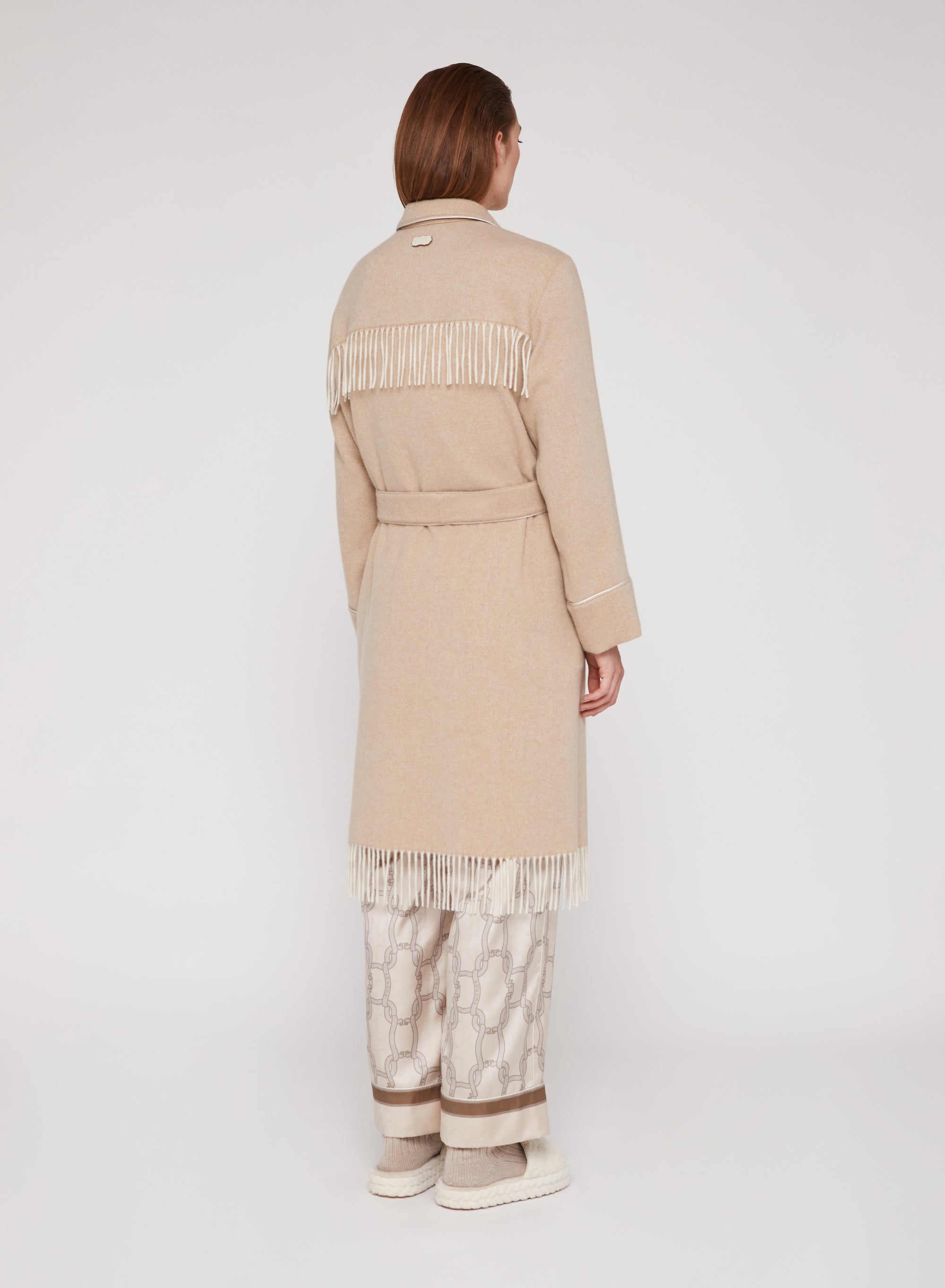 Camel_1QTY // Veste longue à franges en laine - Camel