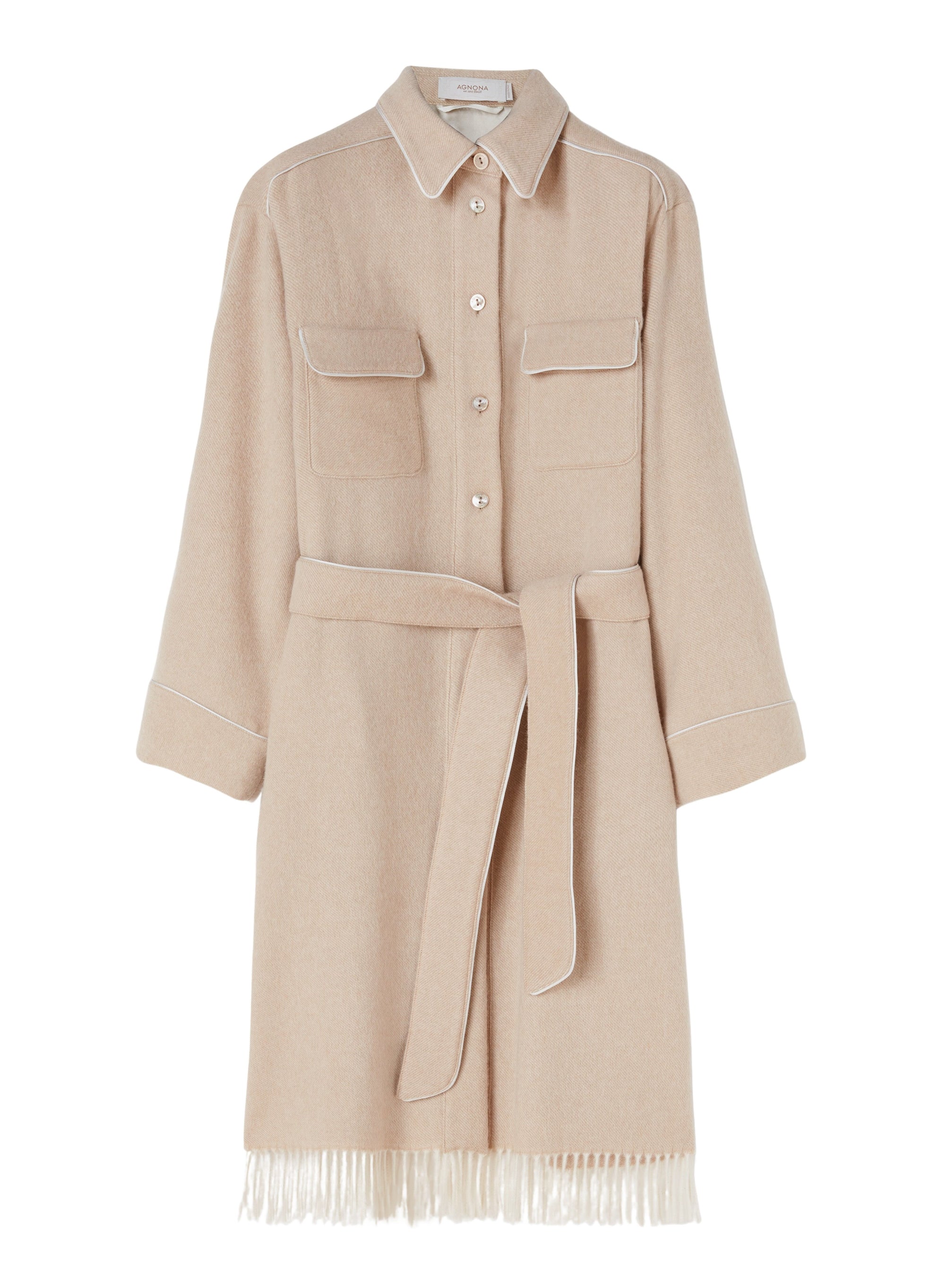 Camel_1QTY // Veste longue à franges en laine - Camel