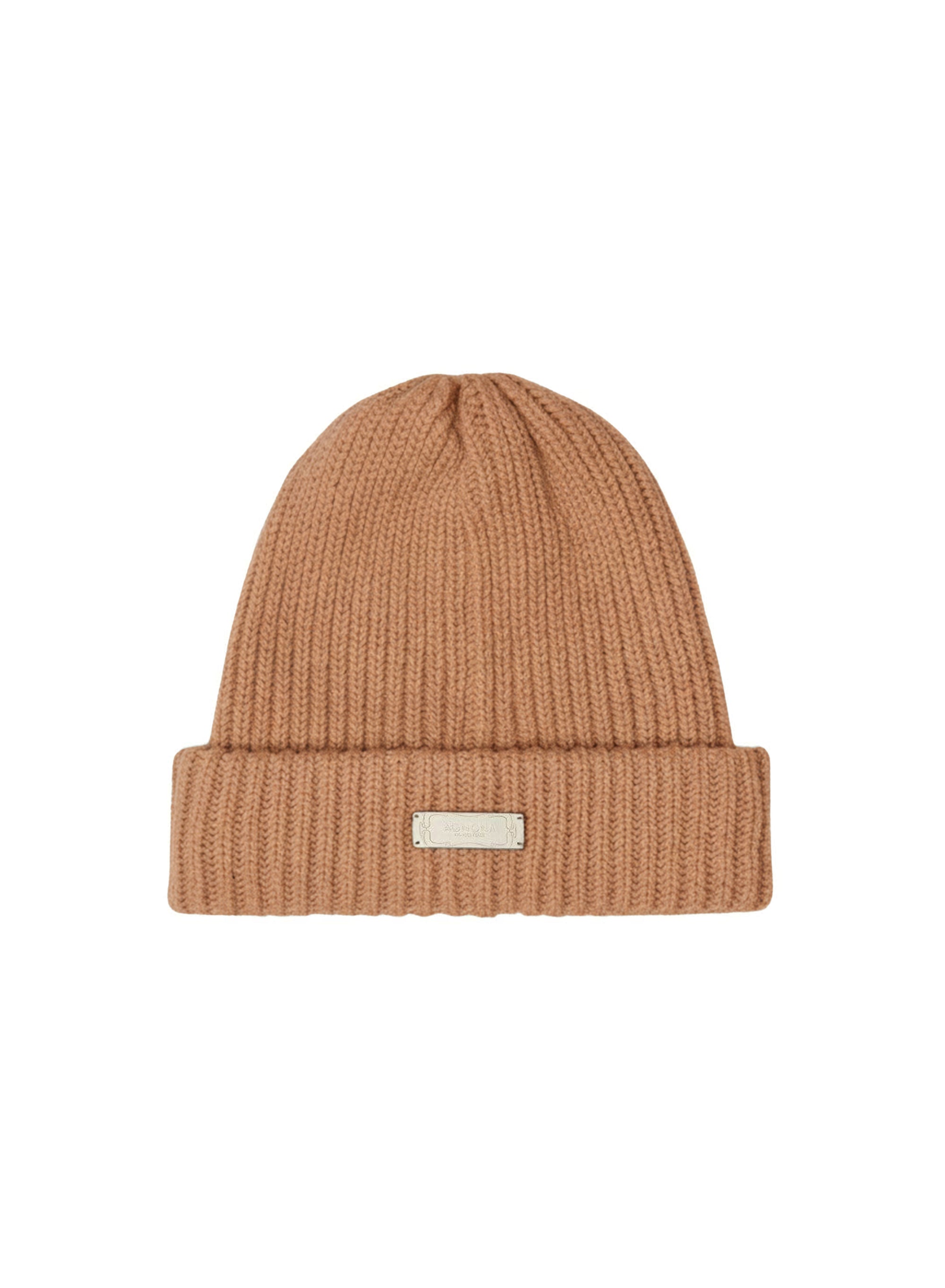 Camel_3QTY // NO PICS // RECOLO // Bonnet revers à plaque métallique en laine - Camel