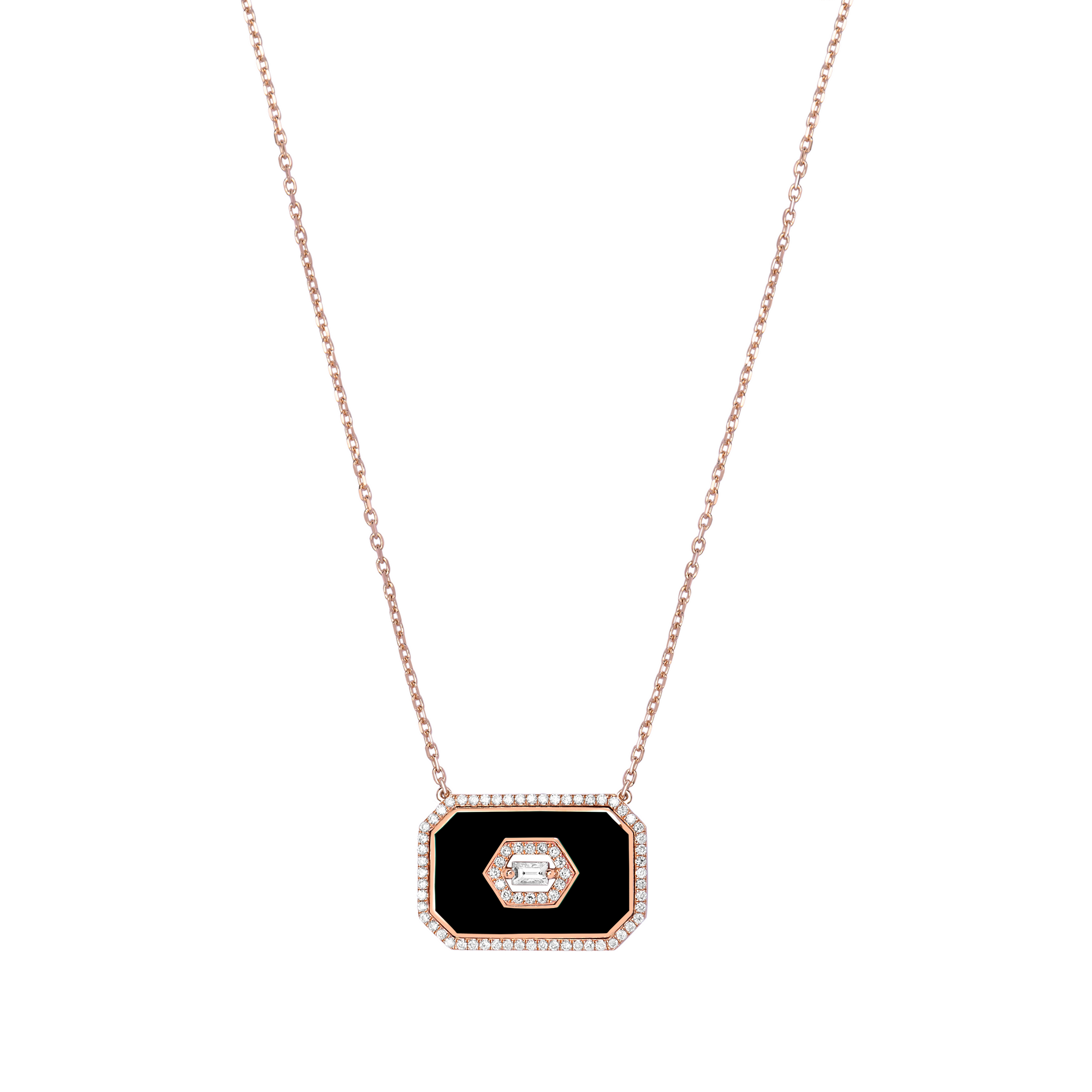 Noir / Collier Art Déco Square en Or rose 14K serti de diamants - Noir