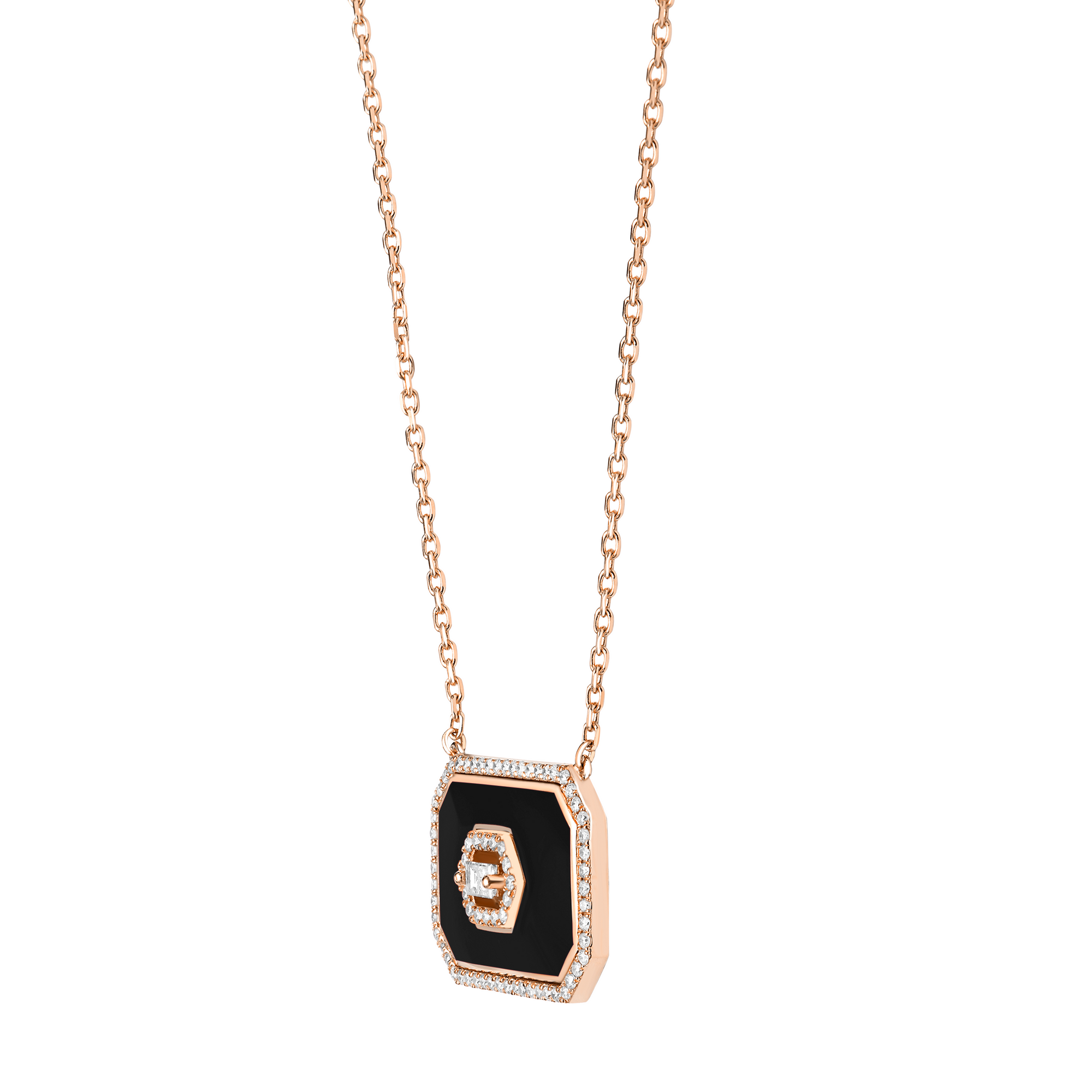Noir / Collier Art Déco Square en Or rose 14K serti de diamants - Noir