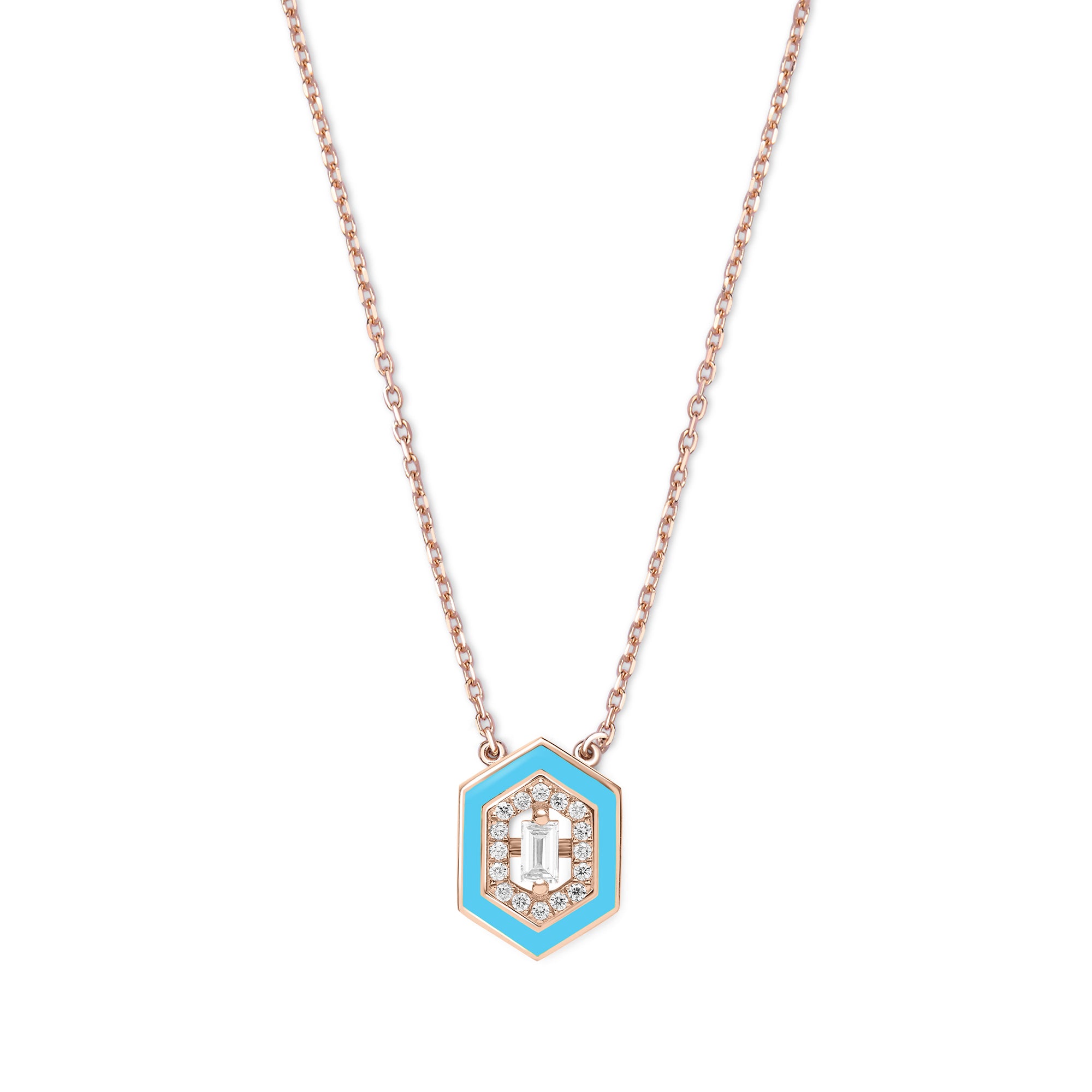 Hexagon necklace in 14K pink gold set with diamonds - Blue