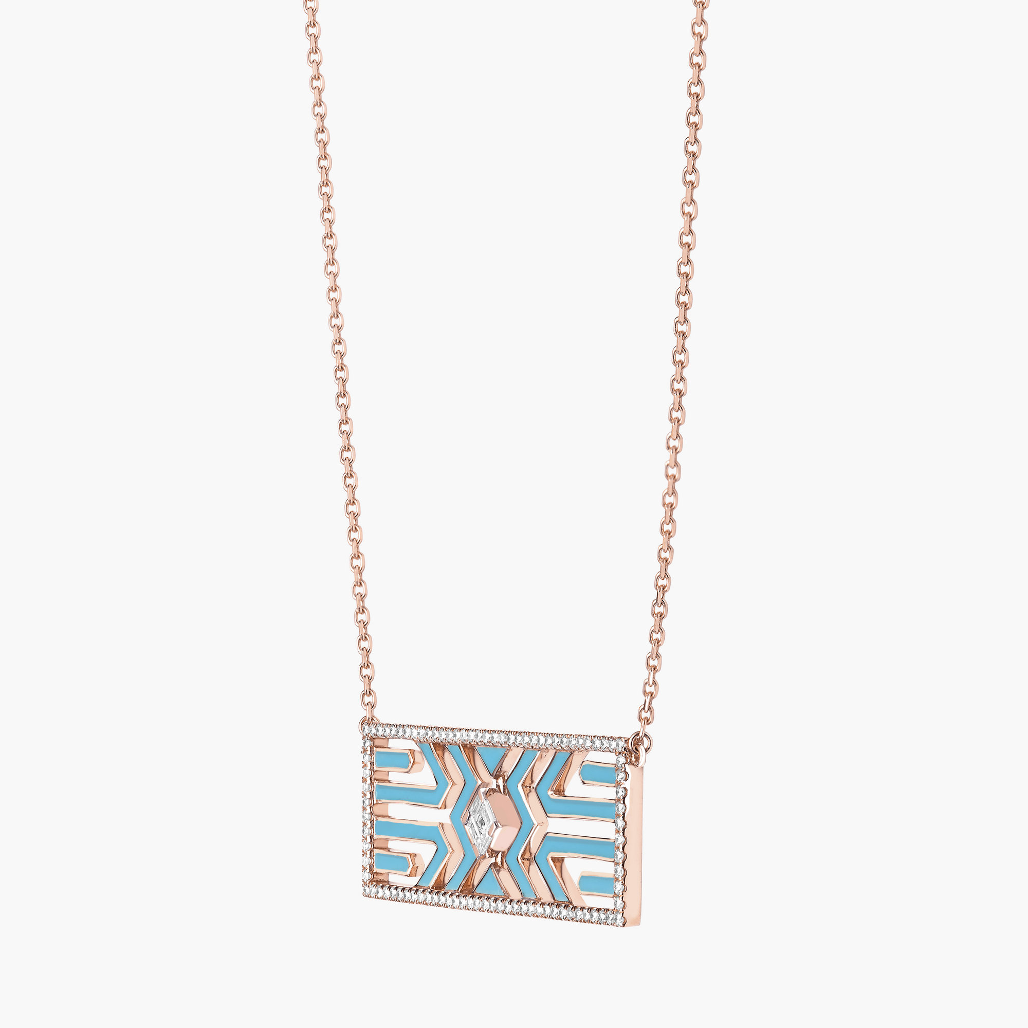 Bleu Turquoise / Collier Art Deco en Or rose 14K serti de diamants - Bleu Turquoise