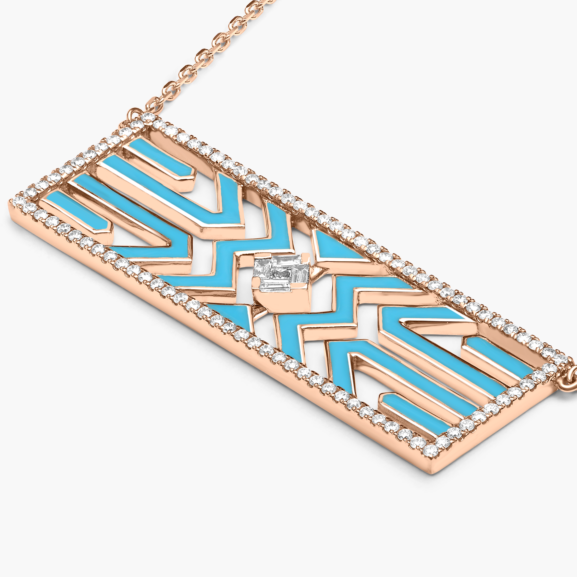 Bleu Turquoise / Collier Art Deco en Or rose 14K serti de diamants - Bleu Turquoise