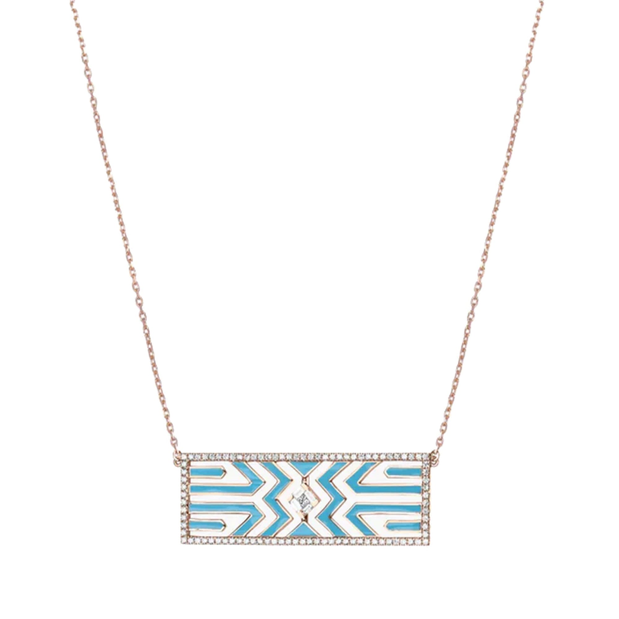 Bleu Turquoise / Collier Art Deco en Or rose 14K serti de diamants - Bleu Turquoise