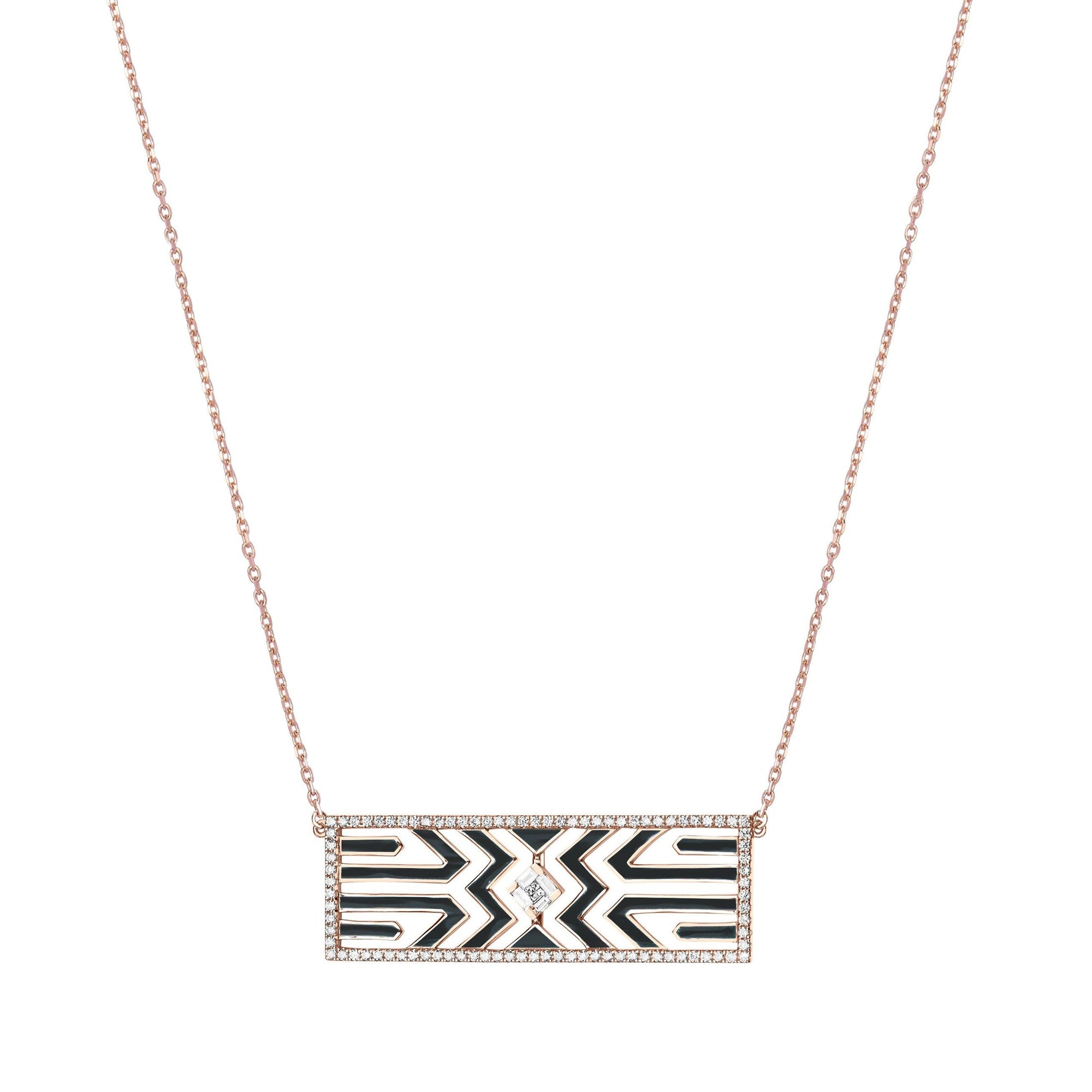 Noir / Collier Art Deco en Or rose 14K serti de diamants - Noir