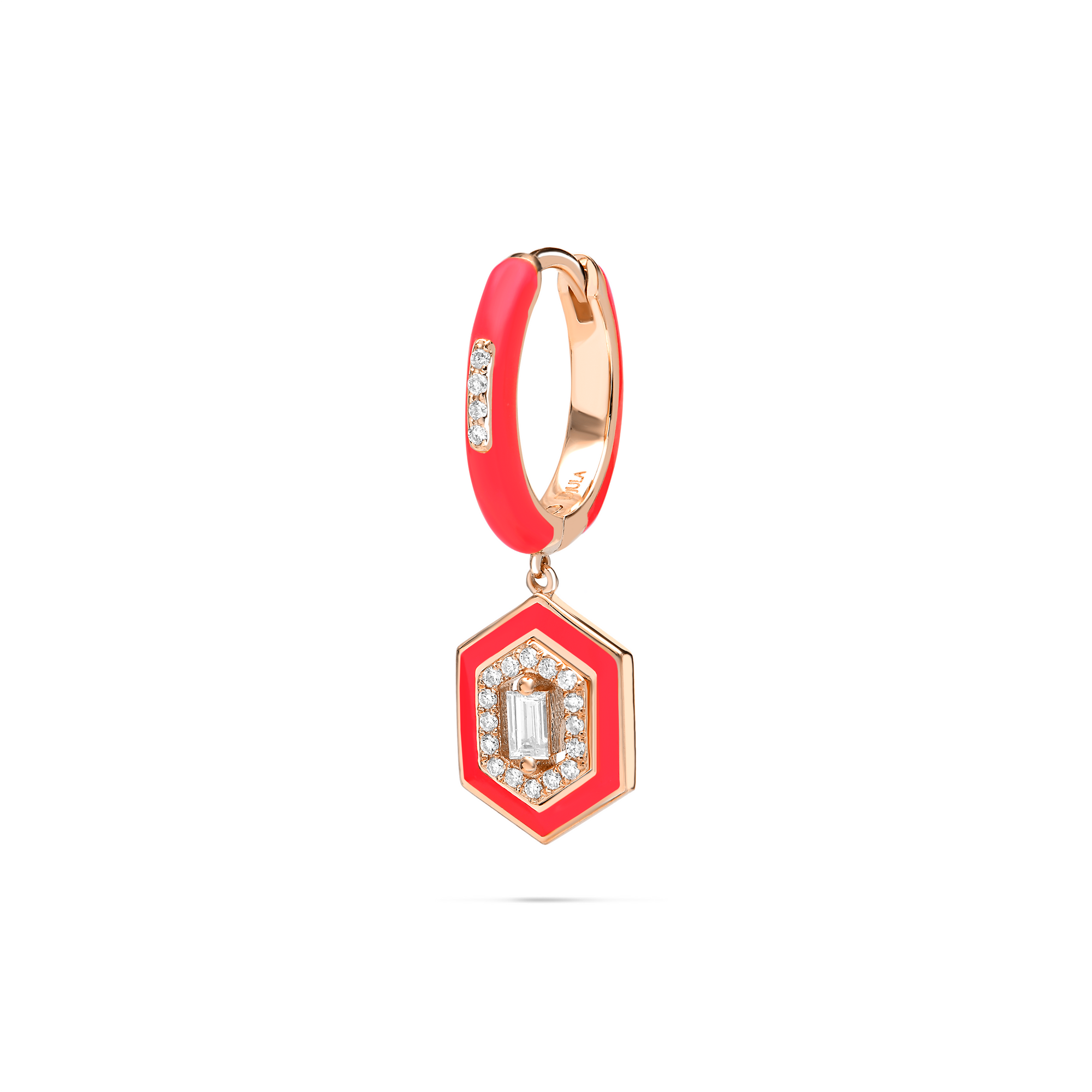 Rouge / Mono boucle Héxagonale en Or rose 14K sertie de diamants - Rouge