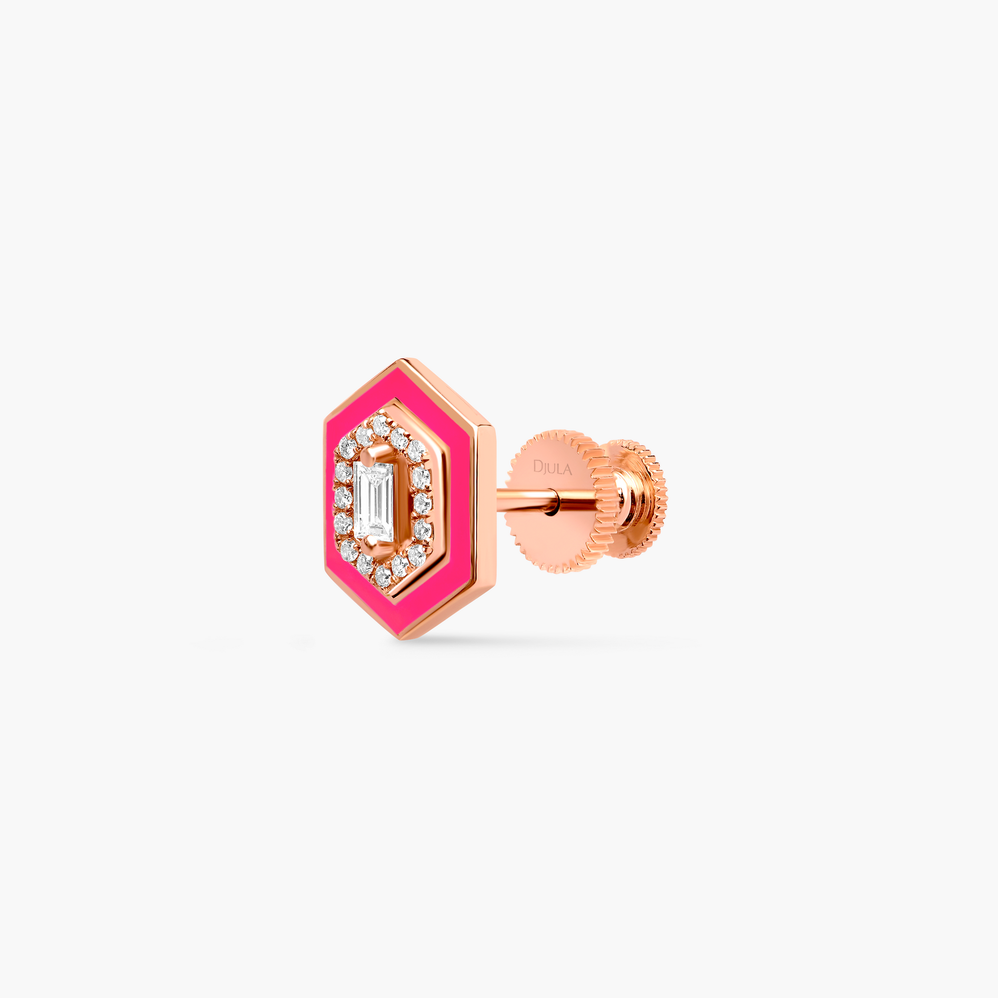 Rose fluo / Mono boucle Hexagone Art Deco en Or rose 14K sertie de diamants - Rose fluo