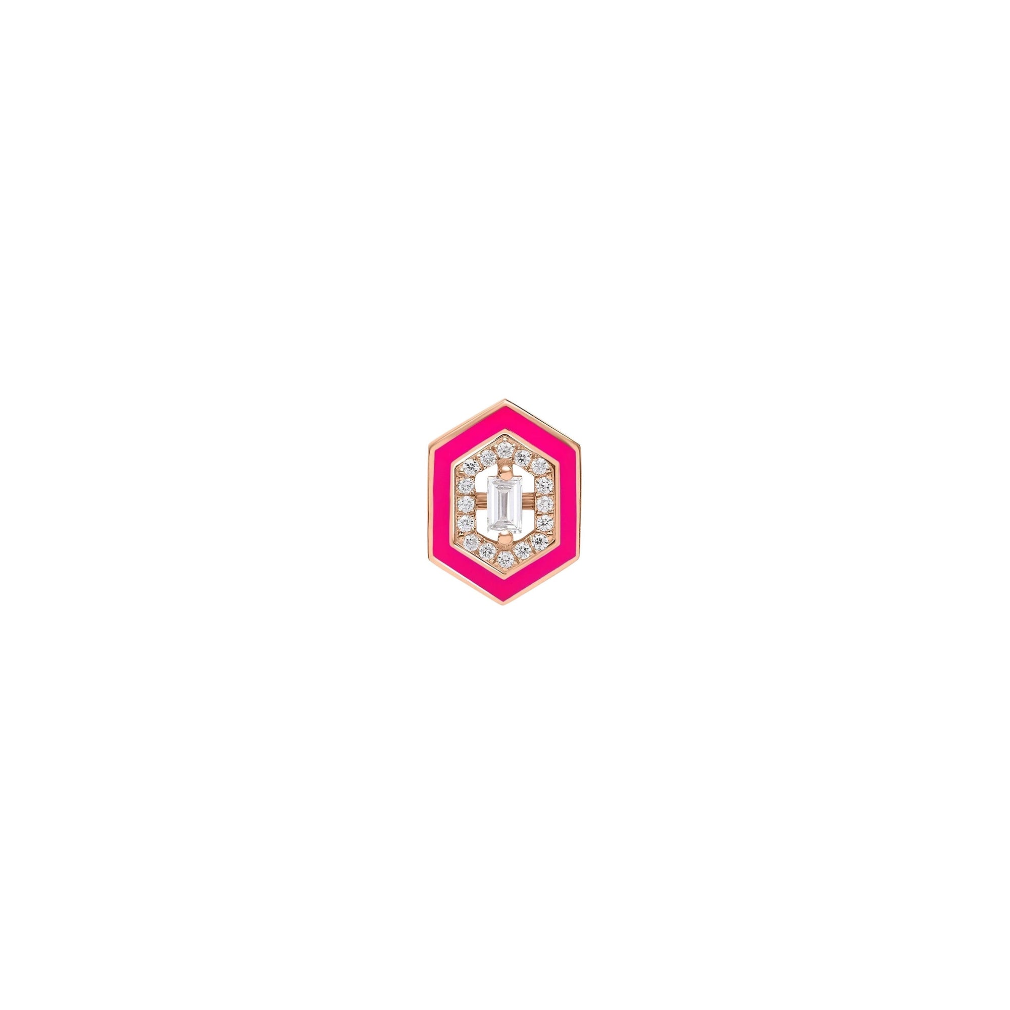 Rose fluo / Mono boucle Hexagone Art Deco en Or rose 14K sertie de diamants - Rose fluo
