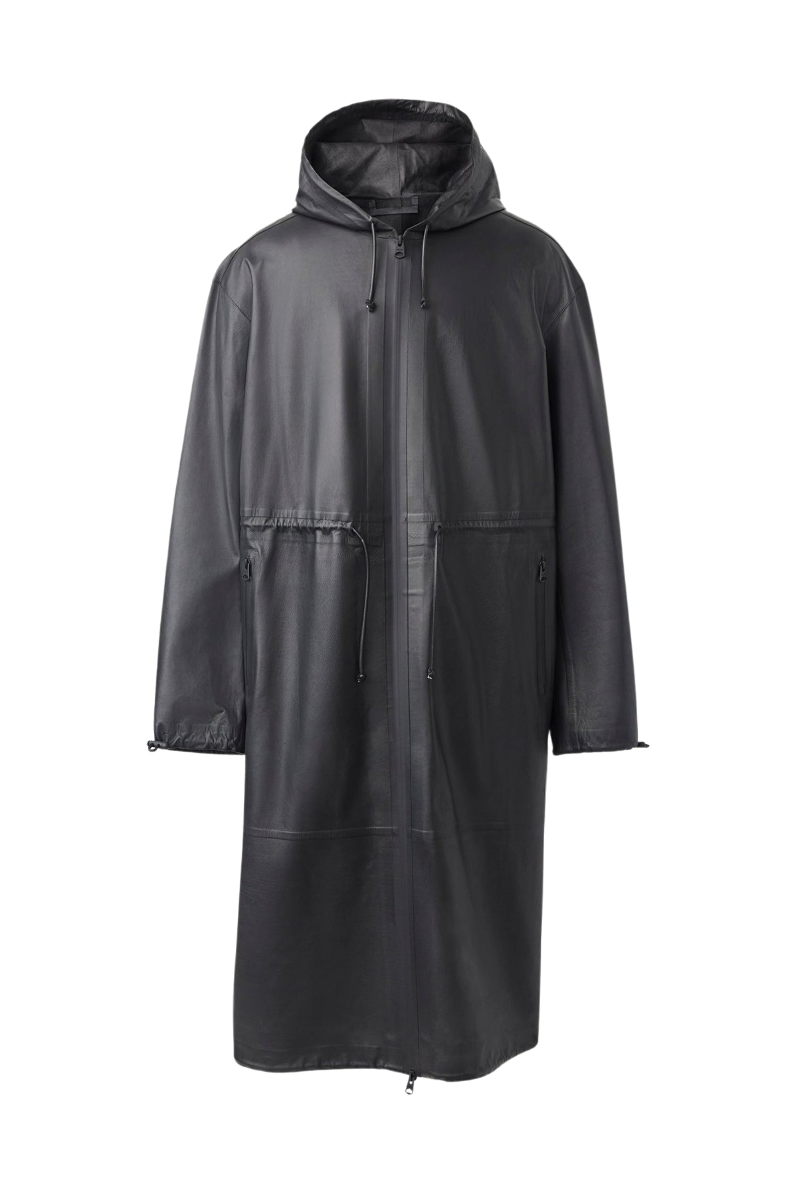 Parka longue Alban à capuche en cuir - Black