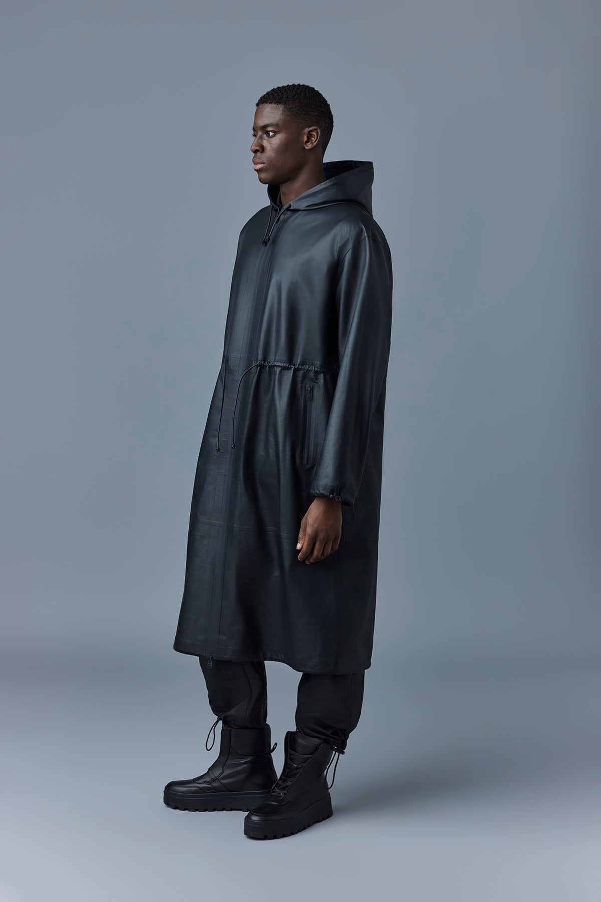 Parka longue Alban à capuche en cuir - Black