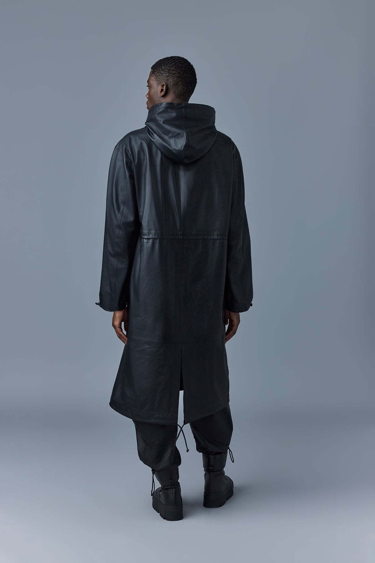 Parka longue Alban à capuche en cuir - Black